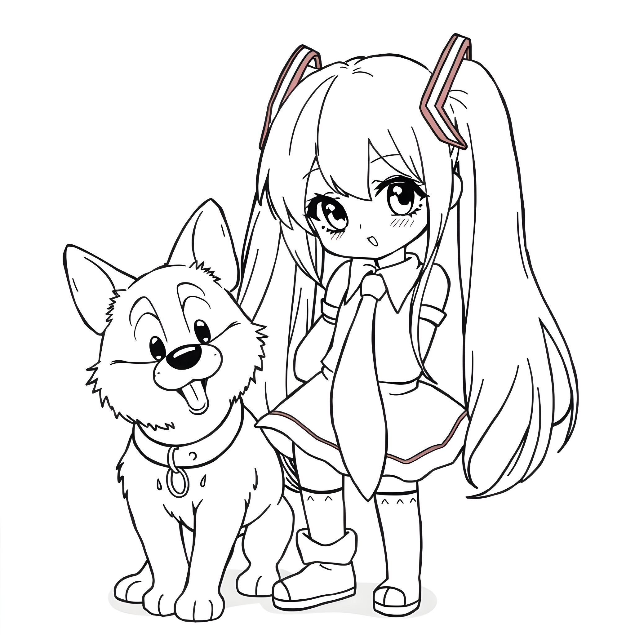 Hatsune Miku happily posing with a friendly dog Coloring Page (free black-and-white line drawing printable PDF for all, from beginners to advanced learners, including children, teens, adults, and seniors)