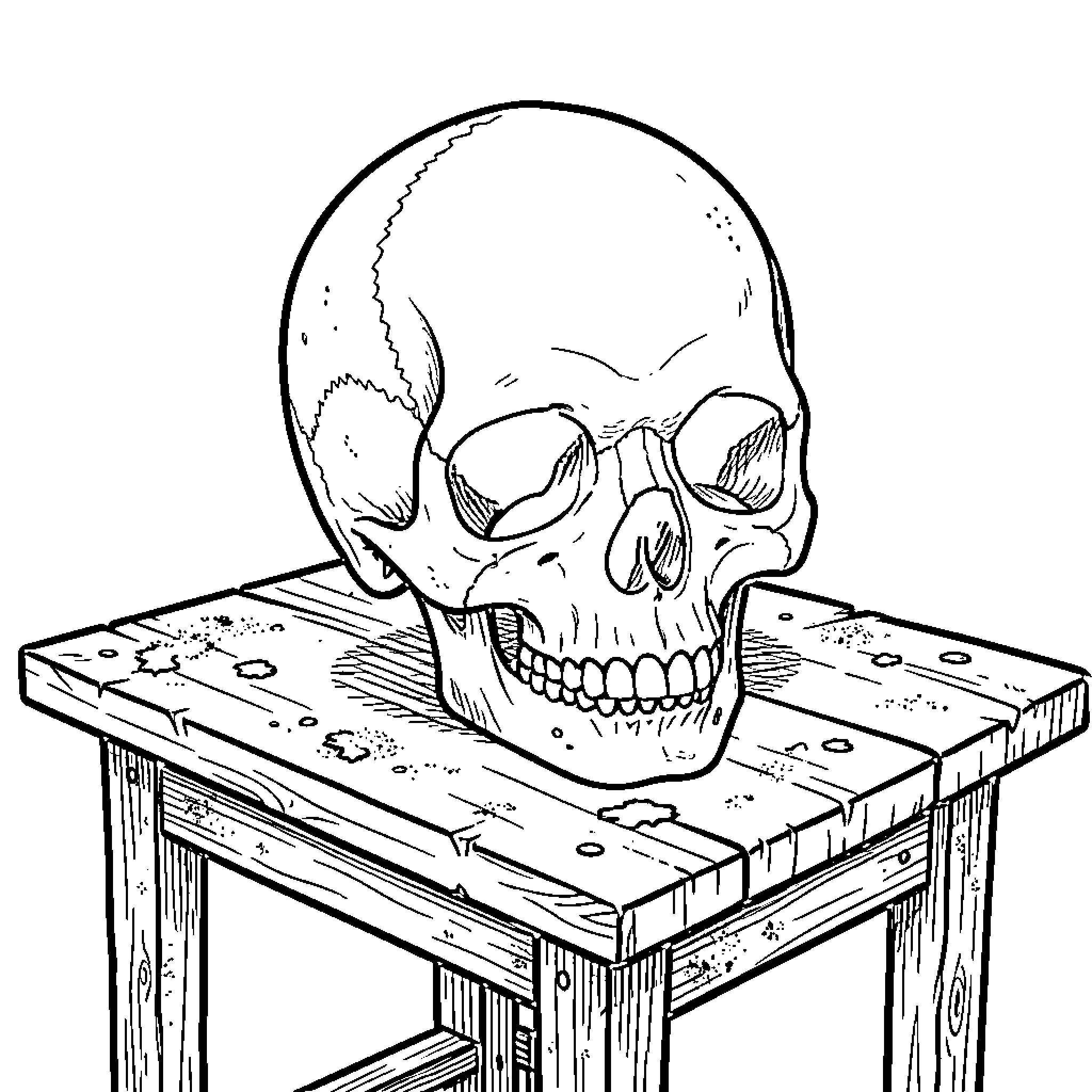 Skull resting on a wooden stool Coloring Page (free black-and-white line drawing printable PDF for all, from beginners to advanced learners, including children, teens, adults, and seniors)