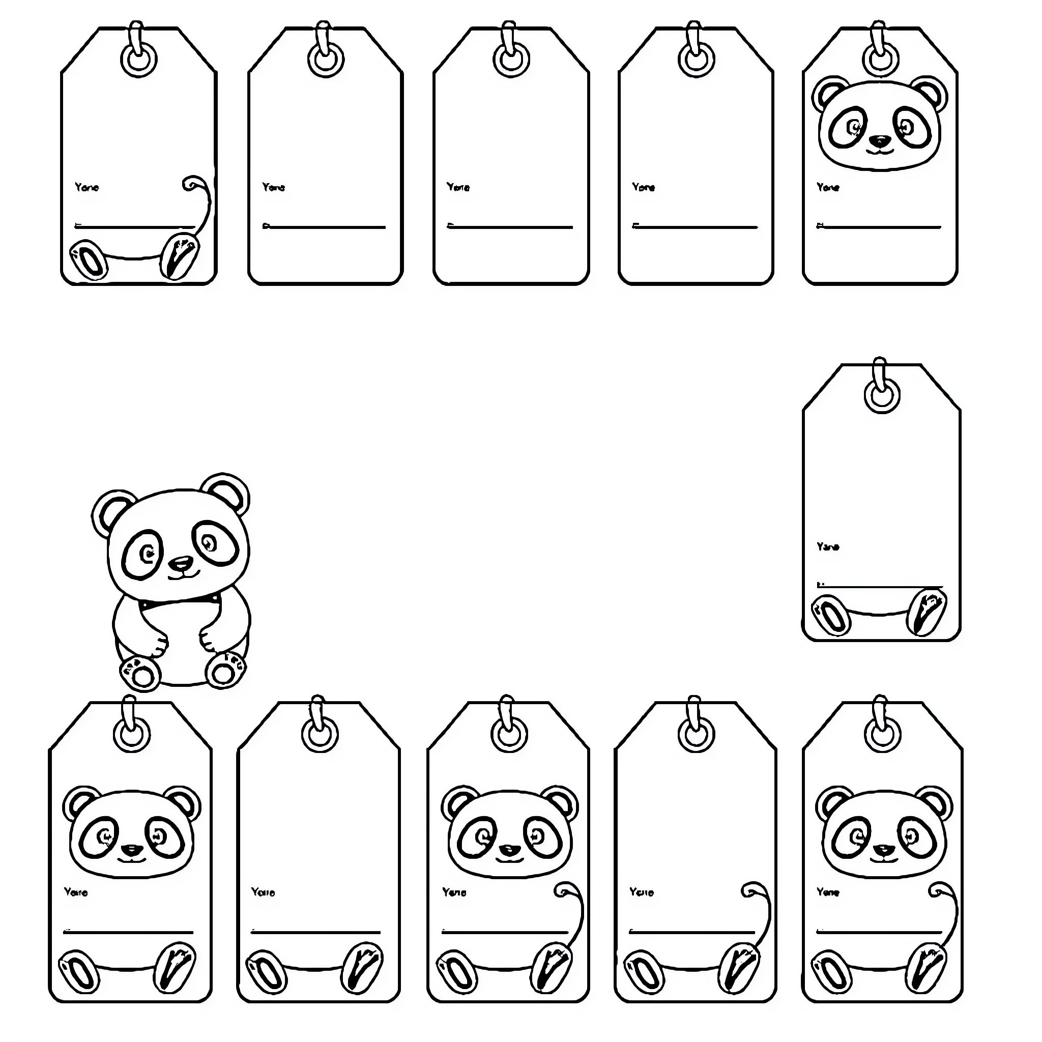 Panda-themed gift tags with various expressions Coloring Page (free black-and-white line drawing printable PDF for all, from beginners to advanced learners, including children, teens, adults, and seniors)