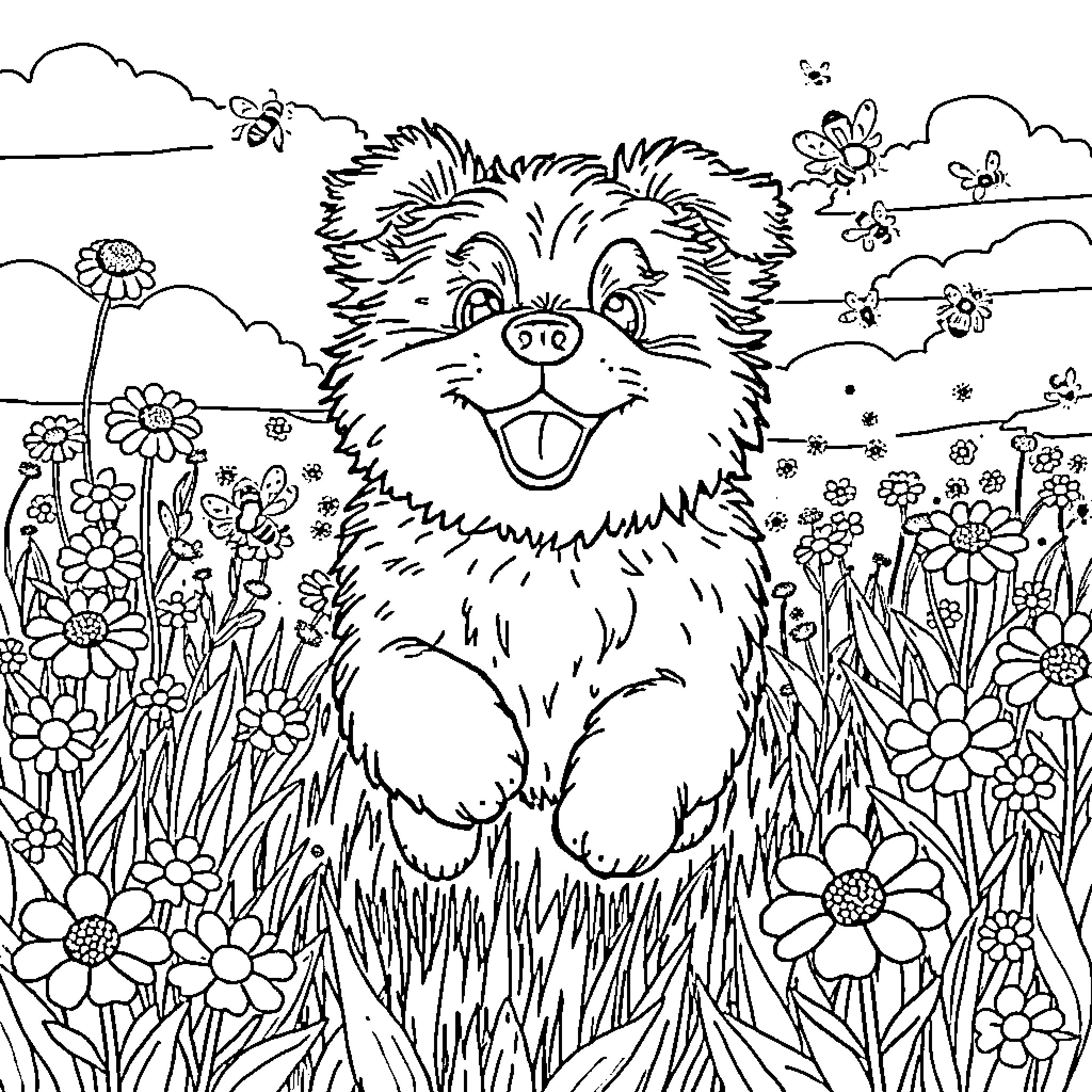 Dog exploring a lush floral garden Coloring Page (free black-and-white line drawing printable PDF for all, from beginners to advanced learners, including children, teens, adults, and seniors)