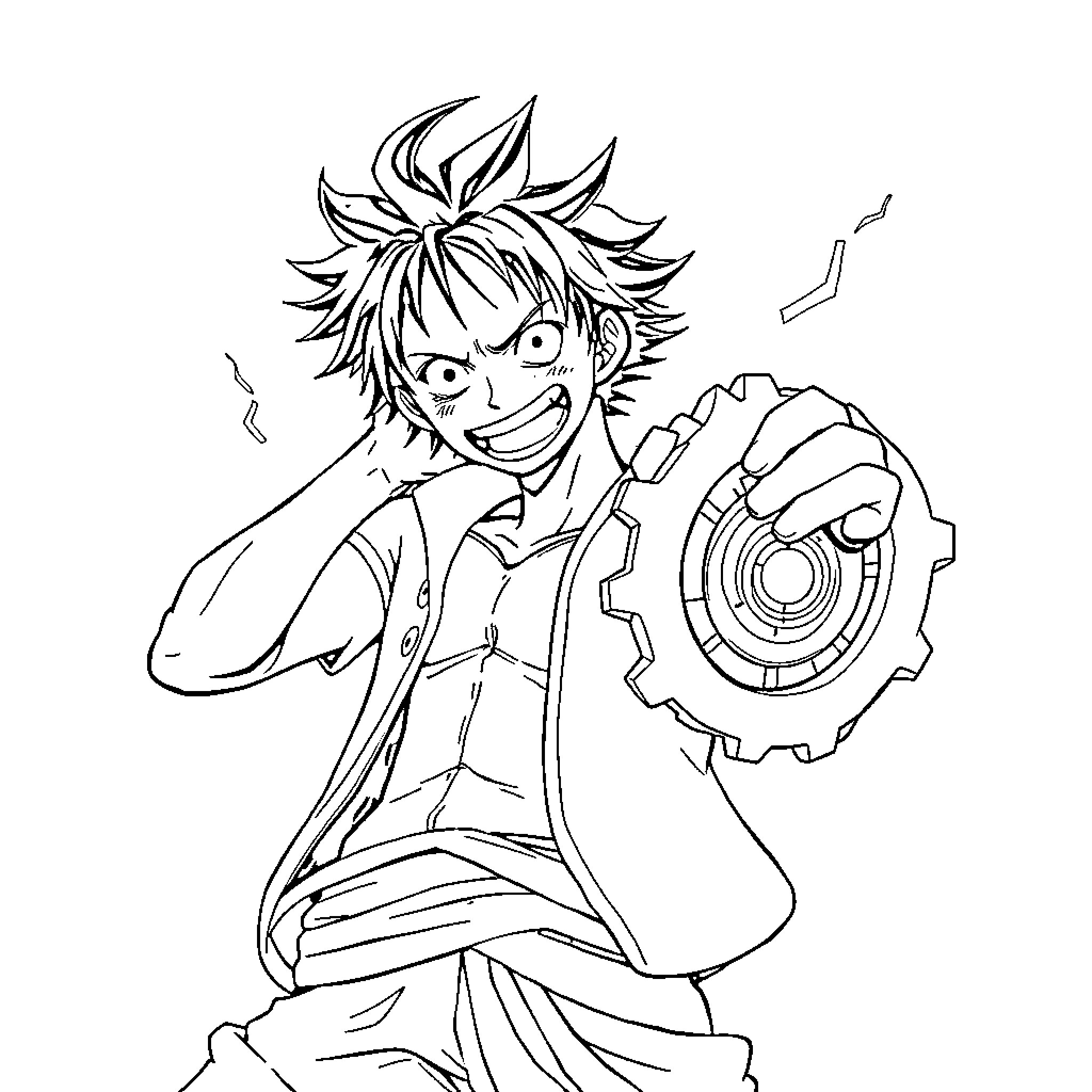 Luffy's Energetic Adventure with Mechanical Gear Coloring Page (free black-and-white line drawing printable PDF for all, from beginners to advanced learners, including children, teens, adults, and seniors)