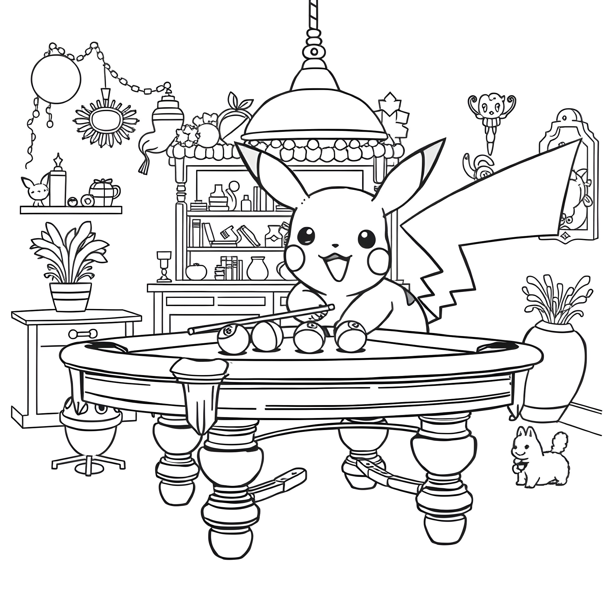 Pikachu relaxing in a whimsical fantasy room Coloring Page (free black-and-white line drawing printable PDF for all, from beginners to advanced learners, including children, teens, adults, and seniors)