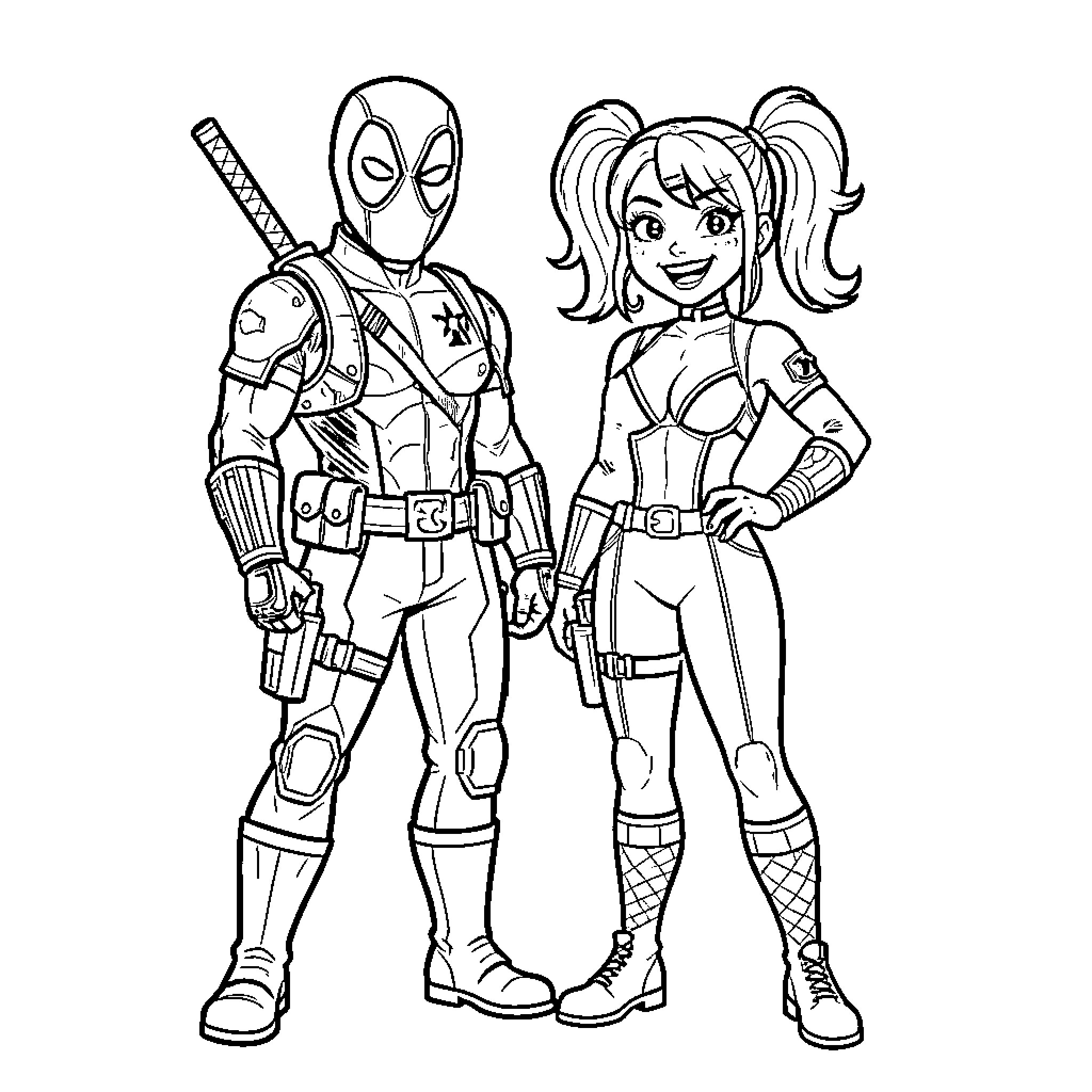 Deadpool and Harley Quinn in action poses Coloring Page (free black-and-white line drawing printable PDF for all, from beginners to advanced learners, including children, teens, adults, and seniors)