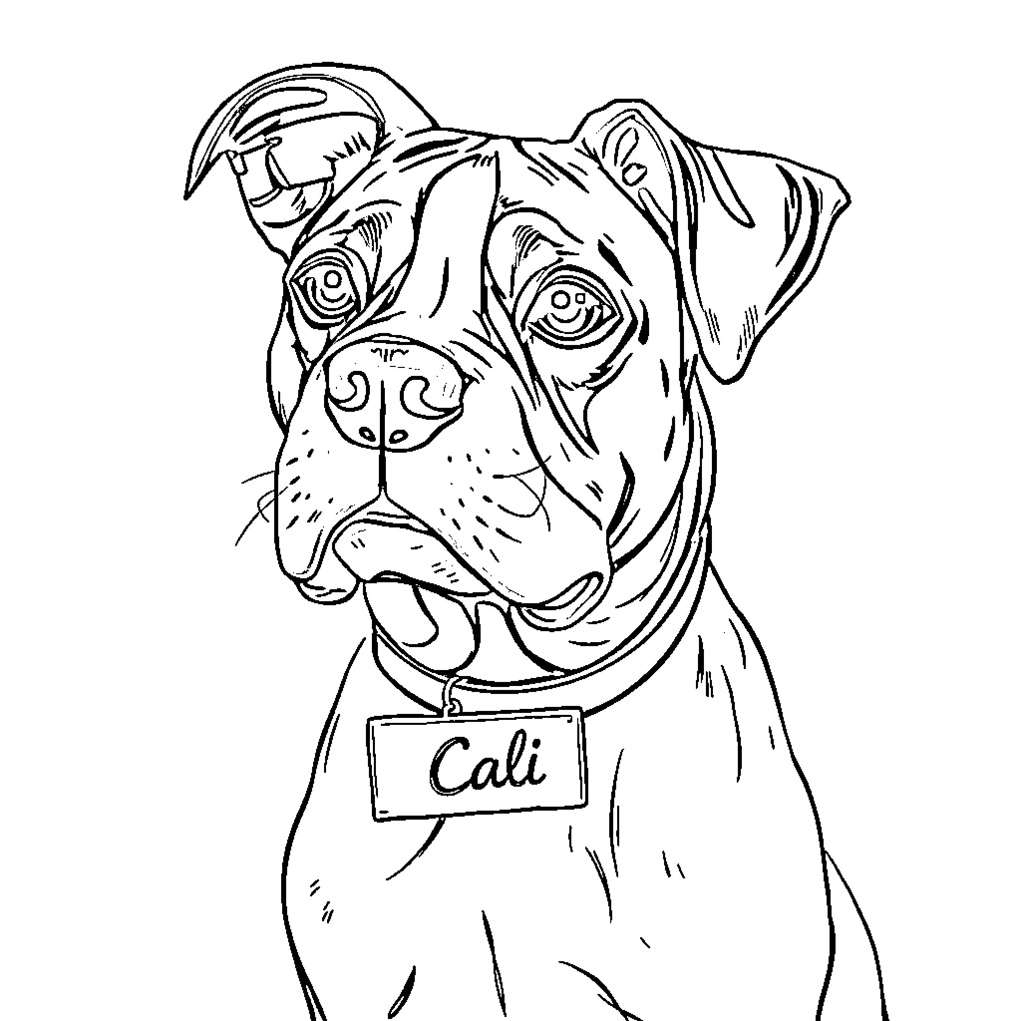 Boxer dog with tag named Cali Coloring Page (free black-and-white line drawing printable PDF for all, from beginners to advanced learners, including children, teens, adults, and seniors)