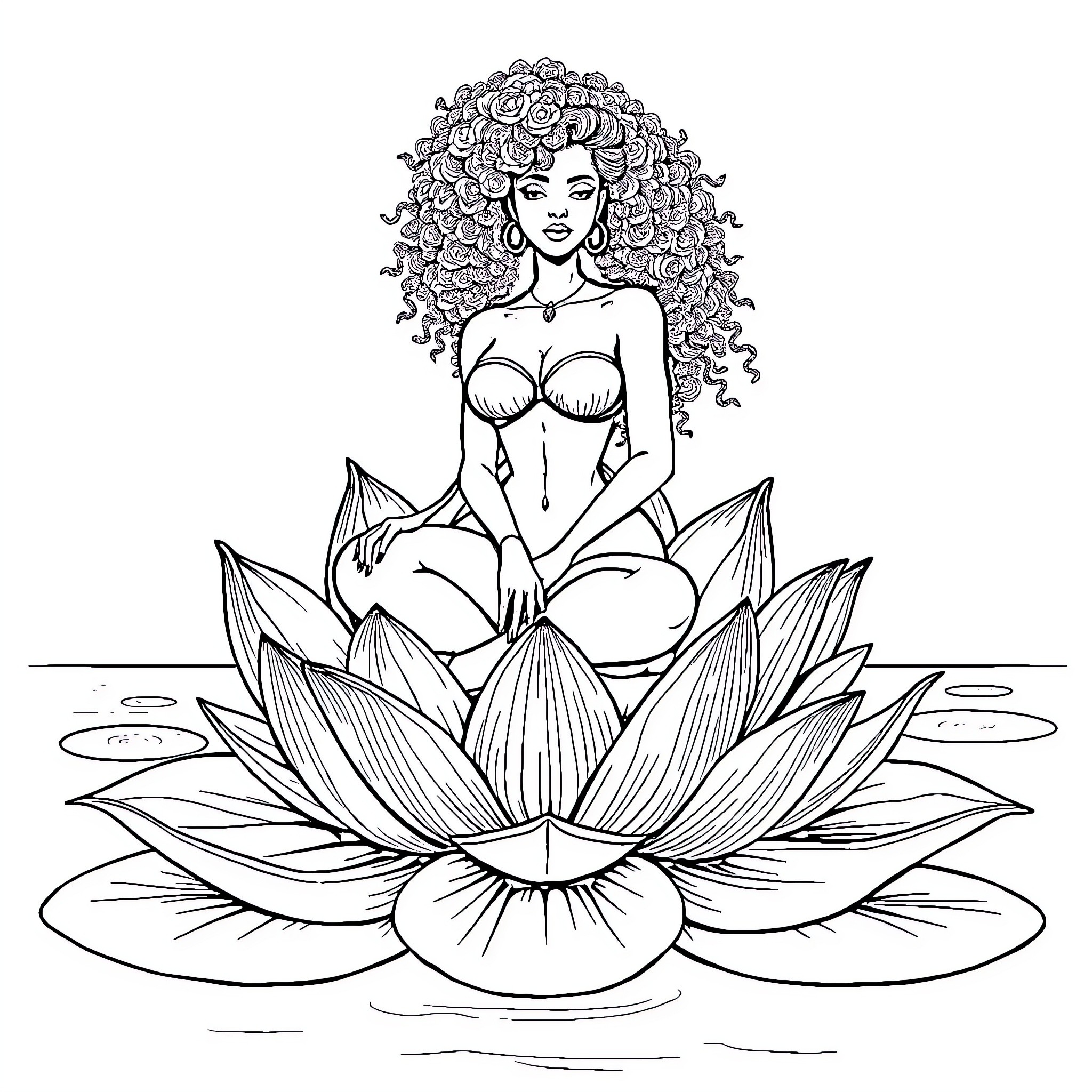 Woman sitting in a lotus flower with curly hair Coloring Page (free black-and-white line drawing printable PDF for all, from beginners to advanced learners, including children, teens, adults, and seniors)