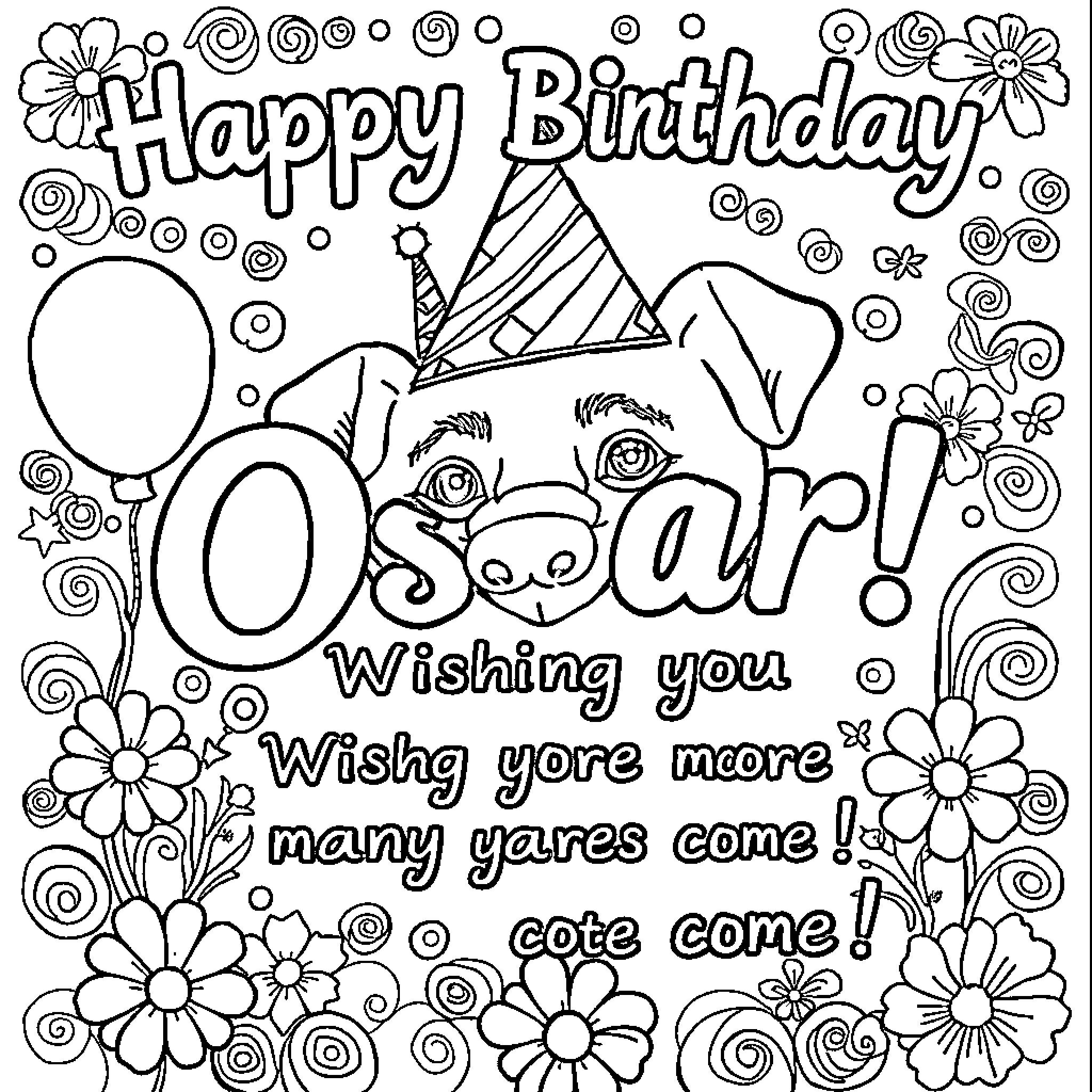 Birthday Wishes and Celebrations for Oscar Coloring Page (free black-and-white line drawing printable PDF for all, from beginners to advanced learners, including children, teens, adults, and seniors)