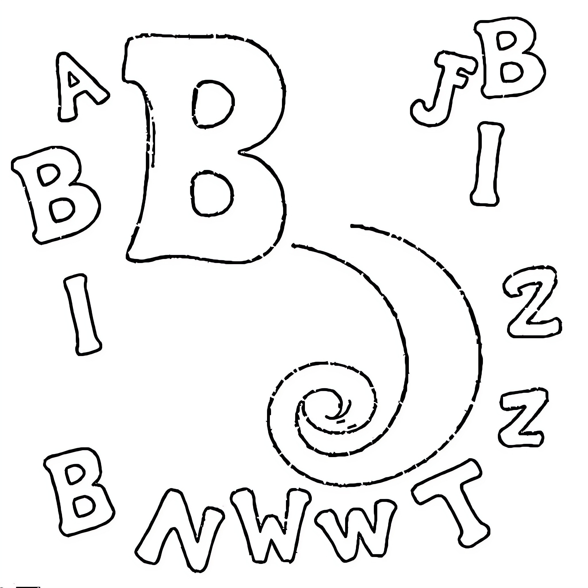 Letter B Shapes and Doodles Coloring Page (free black-and-white line drawing printable PDF for all, from beginners to advanced learners, including children, teens, adults, and seniors)