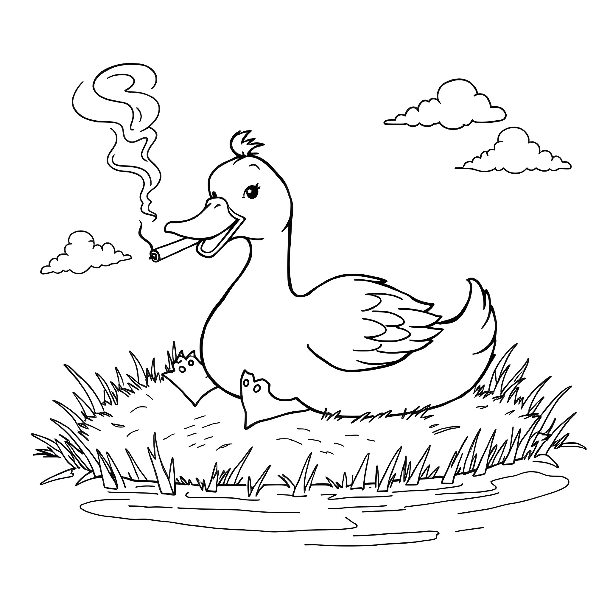 Duck taking a smoke break in the park Coloring Page (free black-and-white line drawing printable PDF for all, from beginners to advanced learners, including children, teens, adults, and seniors)