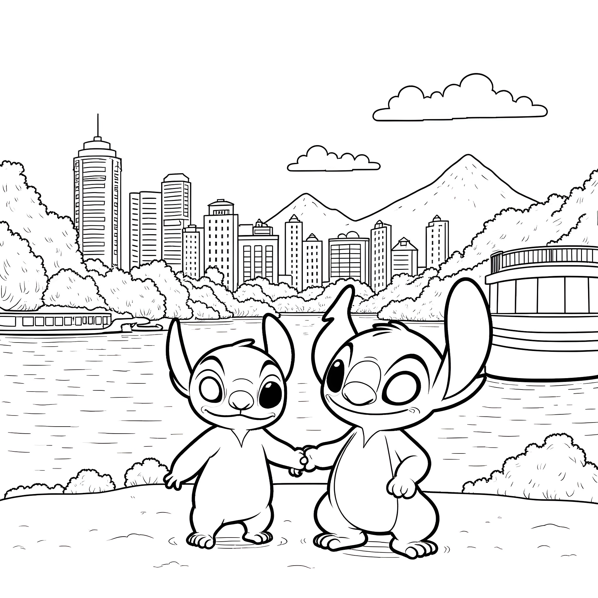 Lilo And Stitch exploring the city skyline together Coloring Page (free black-and-white line drawing printable PDF for all, from beginners to advanced learners, including children, teens, adults, and seniors)