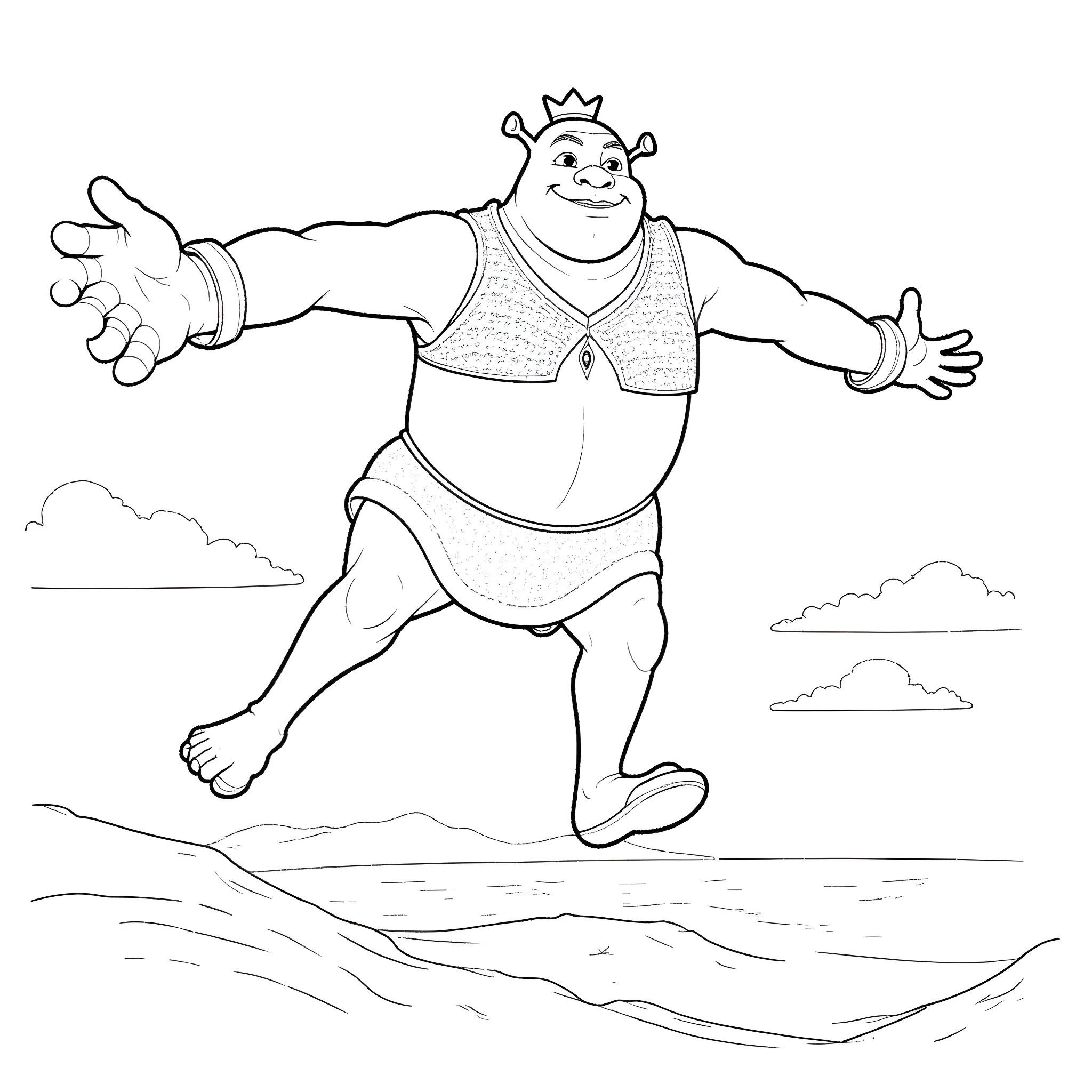 Shrek dancing joyfully in the field Coloring Page (free black-and-white line drawing printable PDF for all, from beginners to advanced learners, including children, teens, adults, and seniors)