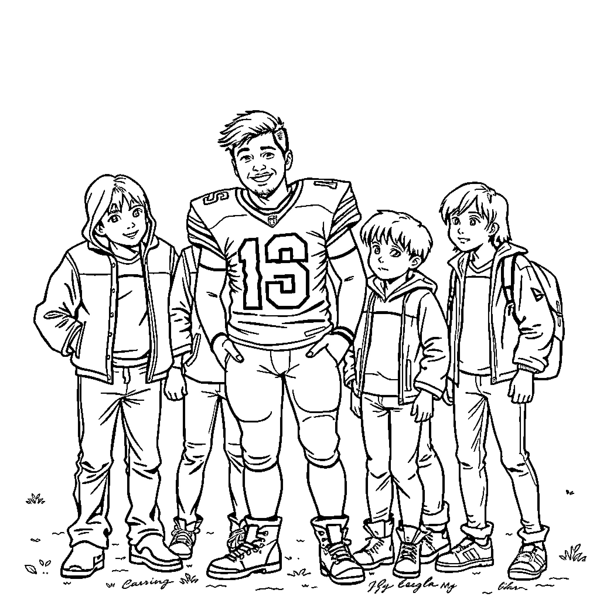 Patrick Mahomes with family in casual attire Coloring Page (free black-and-white line drawing printable PDF for all, from beginners to advanced learners, including children, teens, adults, and seniors)