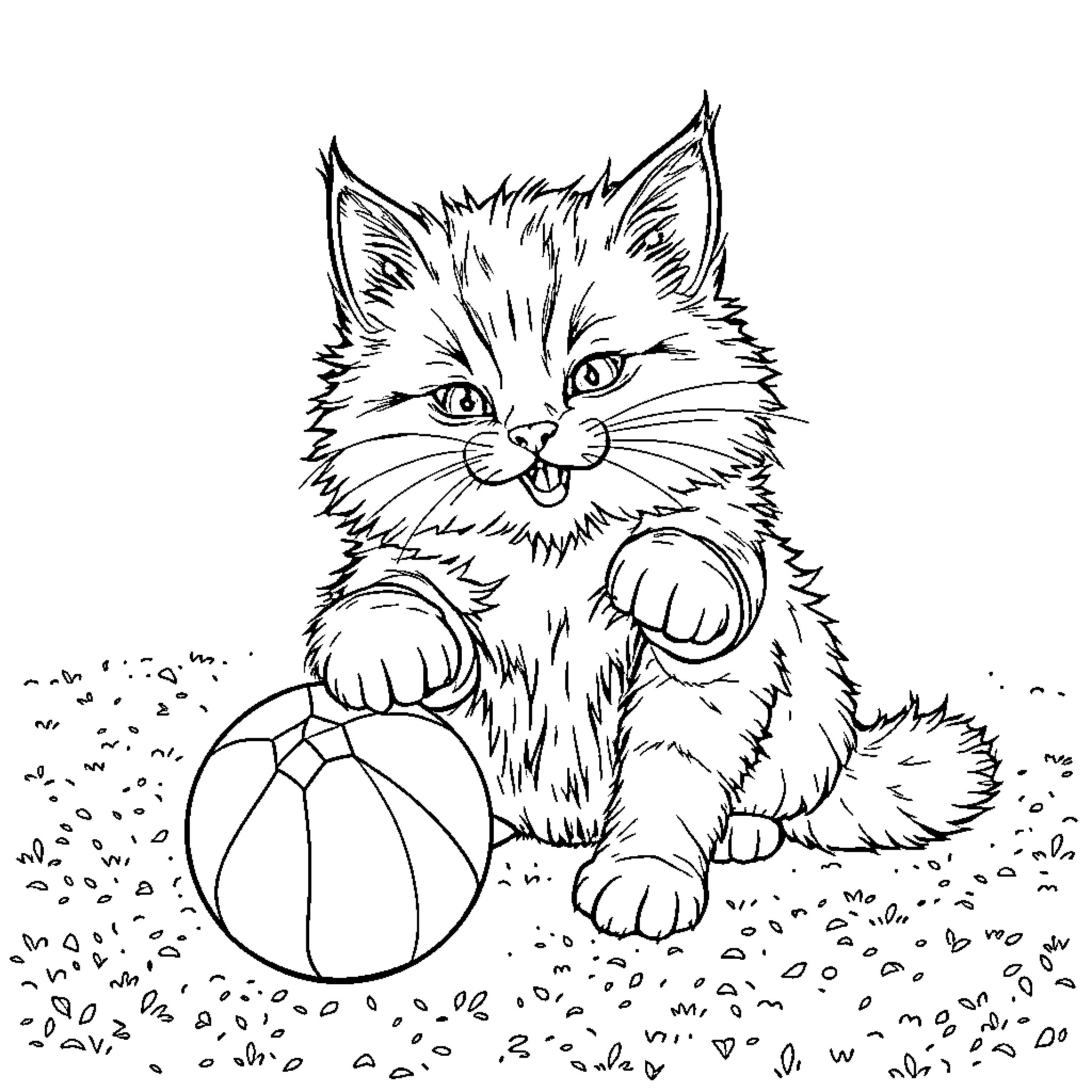 Cat playing with ball in the yard Coloring Page (free black-and-white line drawing printable PDF for all, from beginners to advanced learners, including children, teens, adults, and seniors)