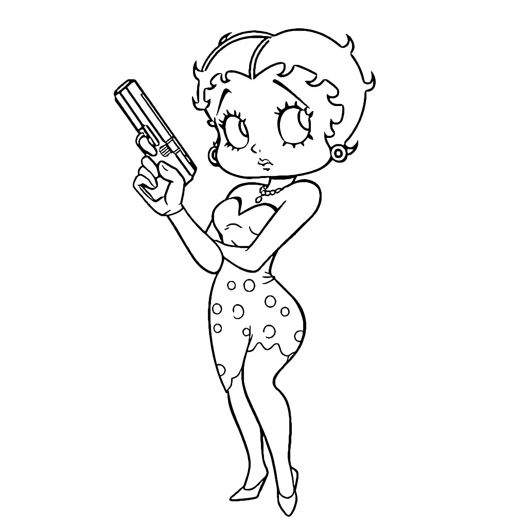 Betty Boop holding a gun with playful expression Coloring Page (free black-and-white line drawing printable PDF for all, from beginners to advanced learners, including children, teens, adults, and seniors)