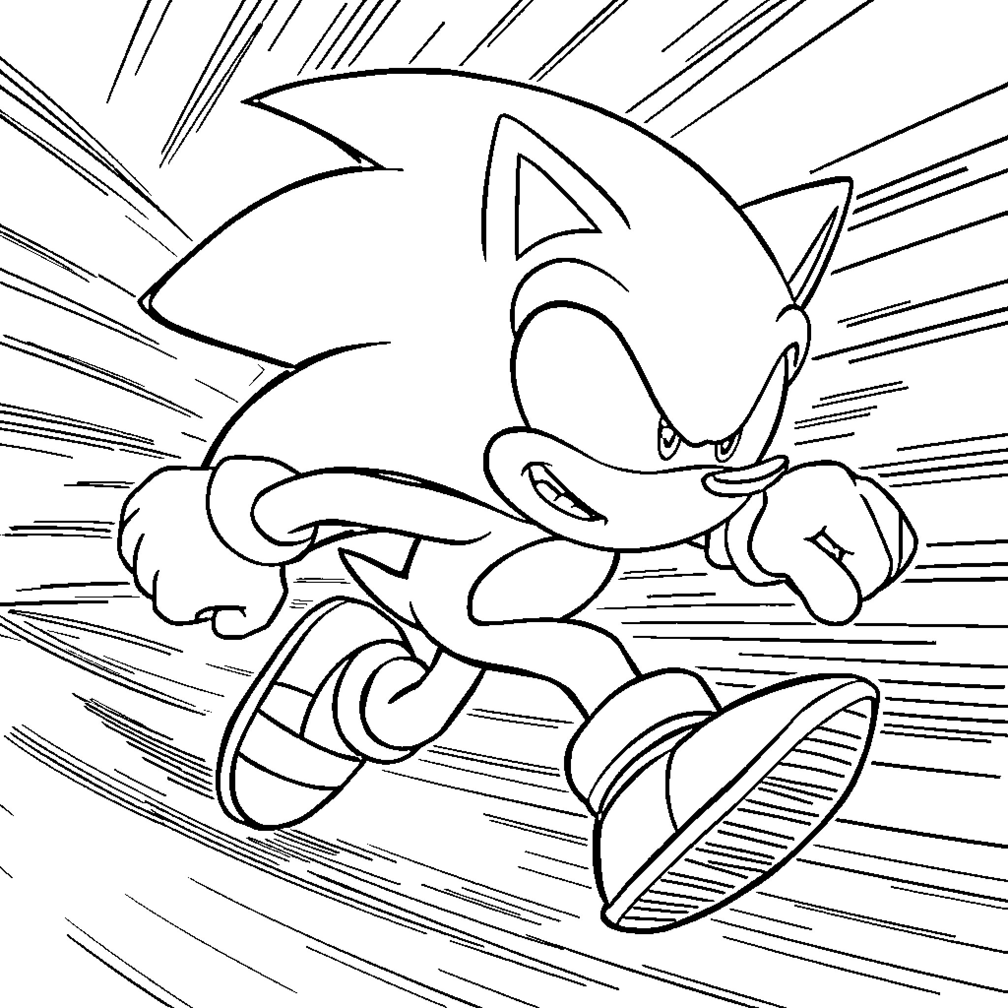 Sonic racing speedily through action-packed scene Coloring Page (free black-and-white line drawing printable PDF for all, from beginners to advanced learners, including children, teens, adults, and seniors)
