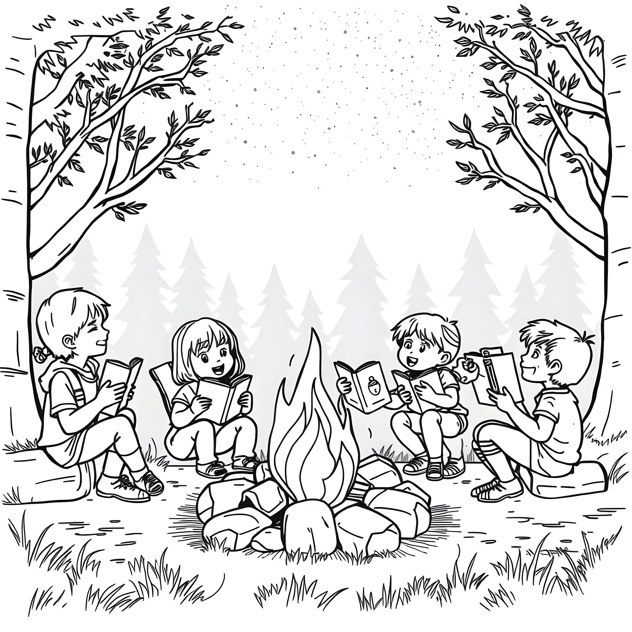 Campfire gathering of children reading and enjoying the outdoors Coloring Page (free black-and-white line drawing printable PDF for all, from beginners to advanced learners, including children, teens, adults, and seniors)