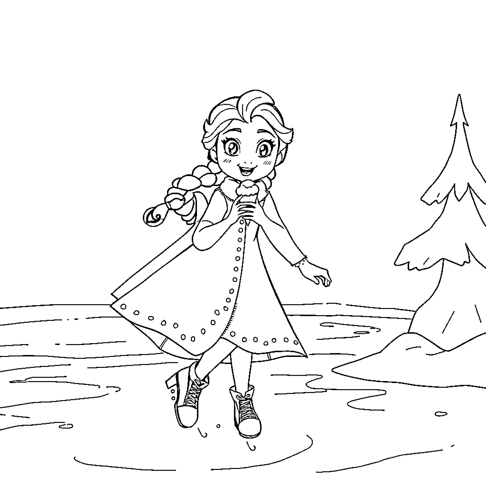 Frozen character in winter wonderland Coloring Page (free black-and-white line drawing printable PDF for all, from beginners to advanced learners, including children, teens, adults, and seniors)