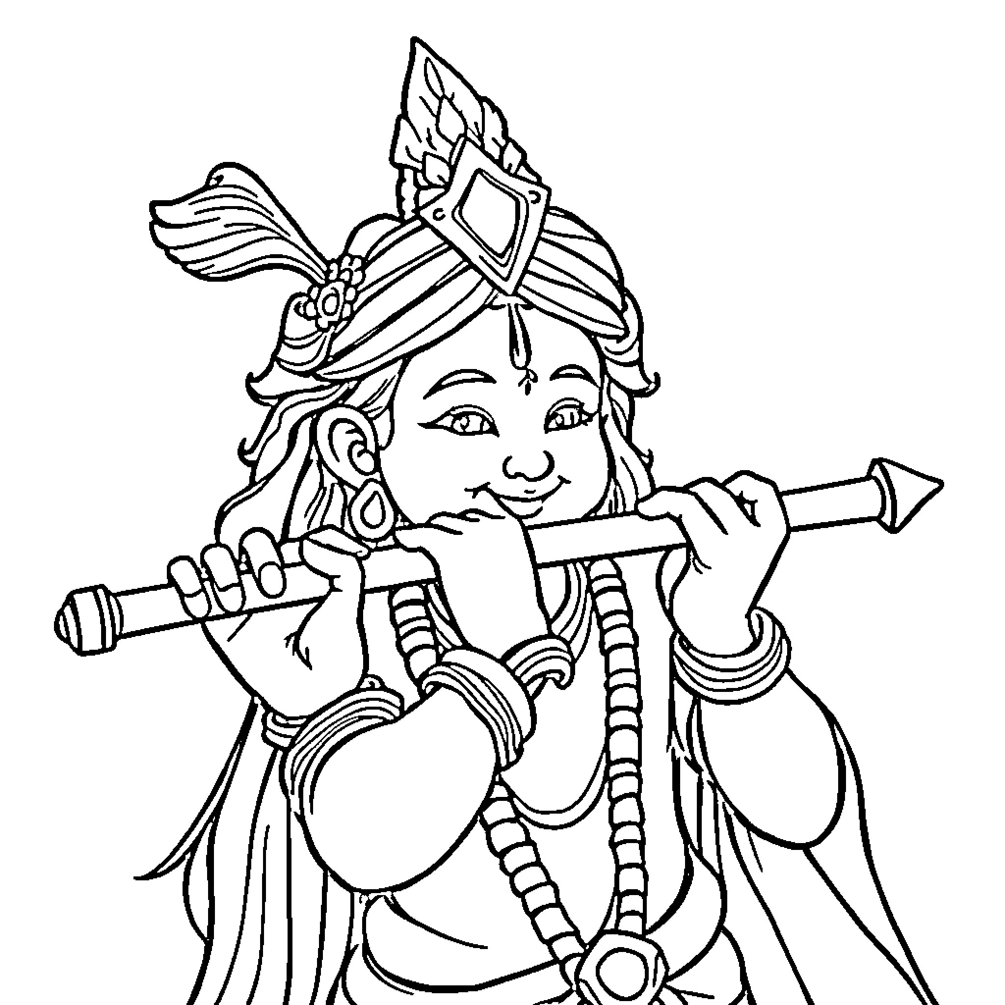 Krishna playing a flute in traditional attire Coloring Page (free black-and-white line drawing printable PDF for all, from beginners to advanced learners, including children, teens, adults, and seniors)