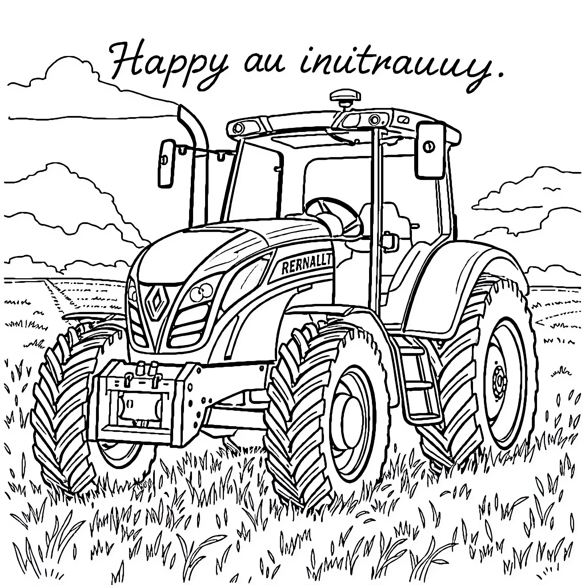 Tractor working diligently in the countryside Coloring Page (free black-and-white line drawing printable PDF for all, from beginners to advanced learners, including children, teens, adults, and seniors)