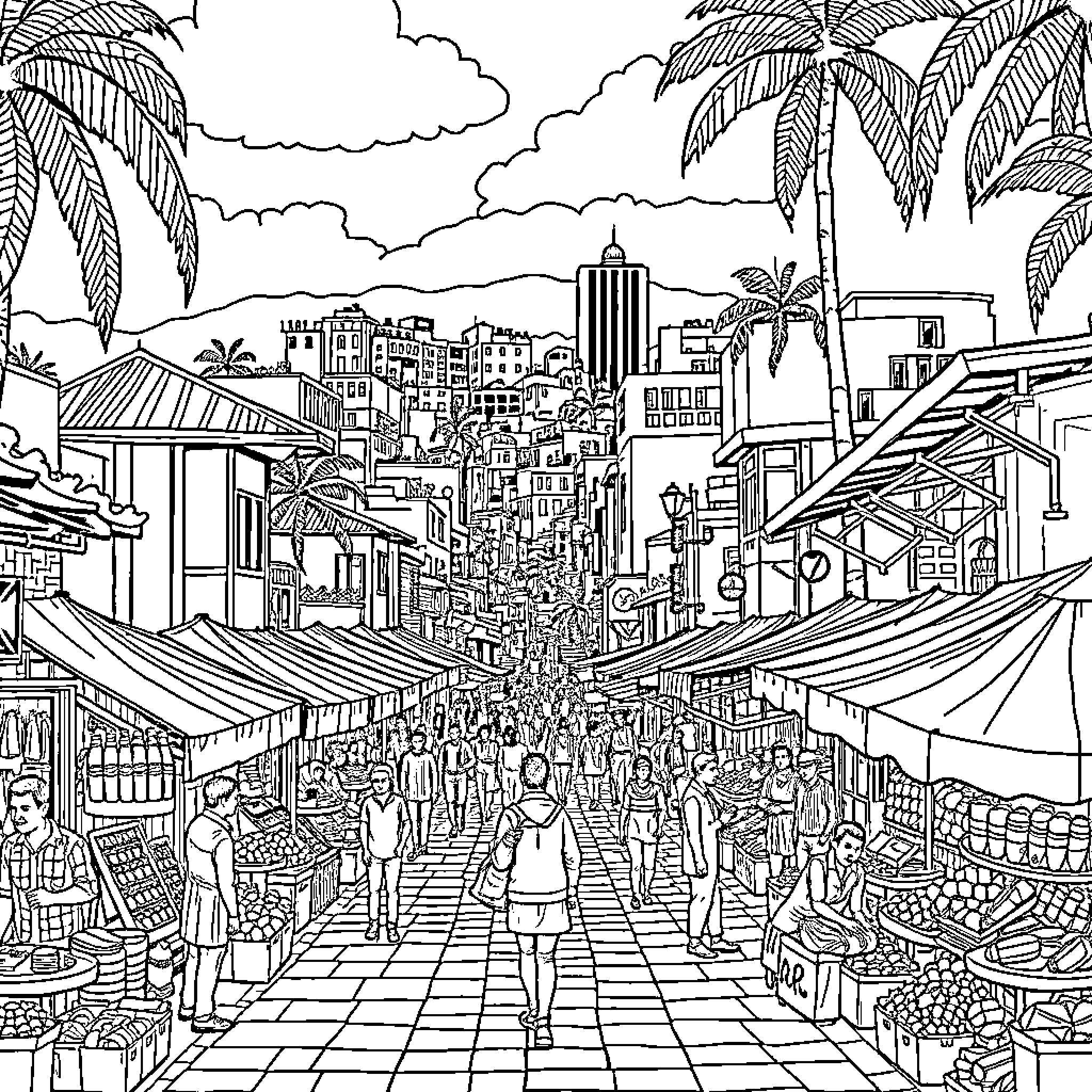 Mumba City Life: Bustling Street Scene Coloring Page (free black-and-white line drawing printable PDF for all, from beginners to advanced learners, including children, teens, adults, and seniors)