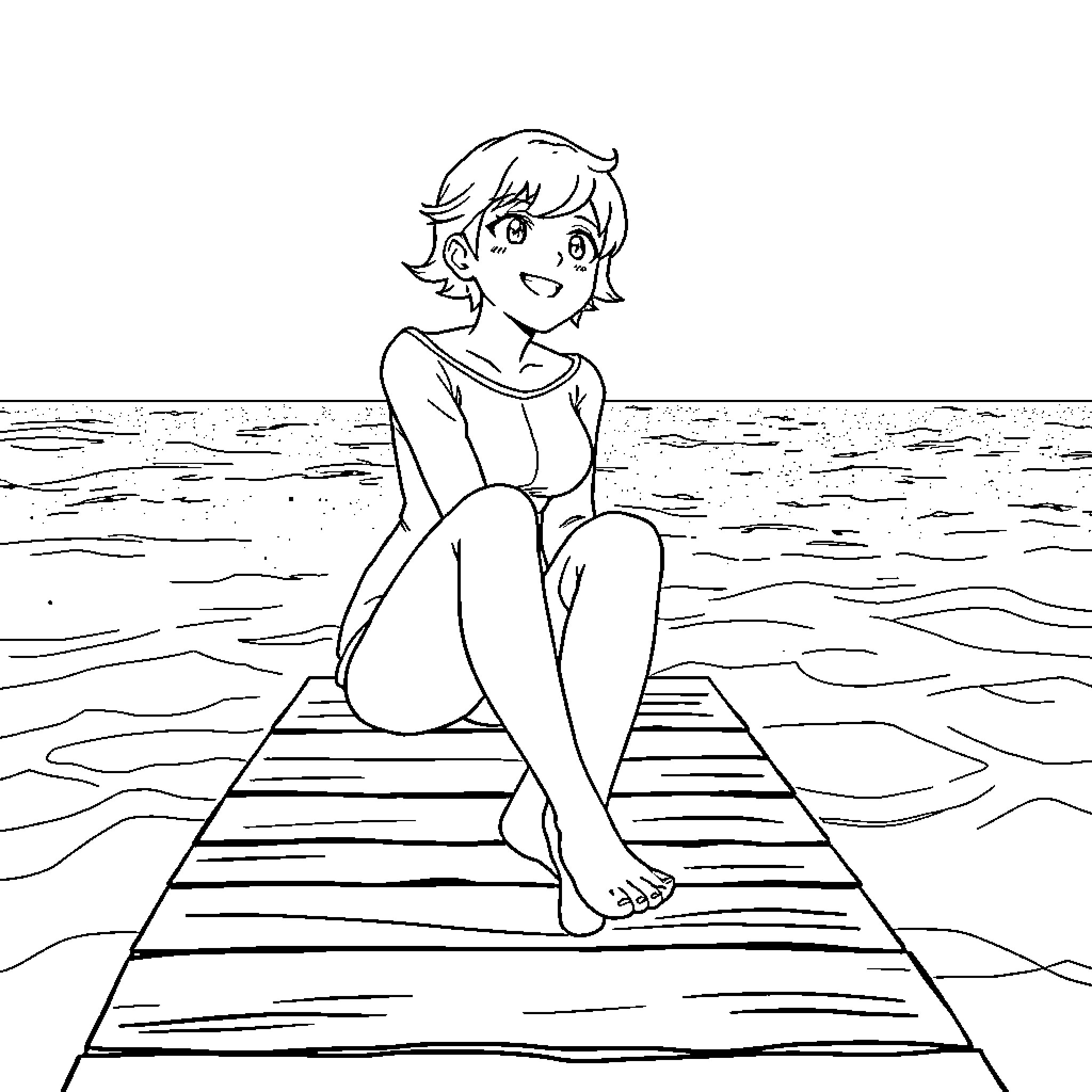 Ruby Rose relaxing on a dock by the sea Coloring Page (free black-and-white line drawing printable PDF for all, from beginners to advanced learners, including children, teens, adults, and seniors)