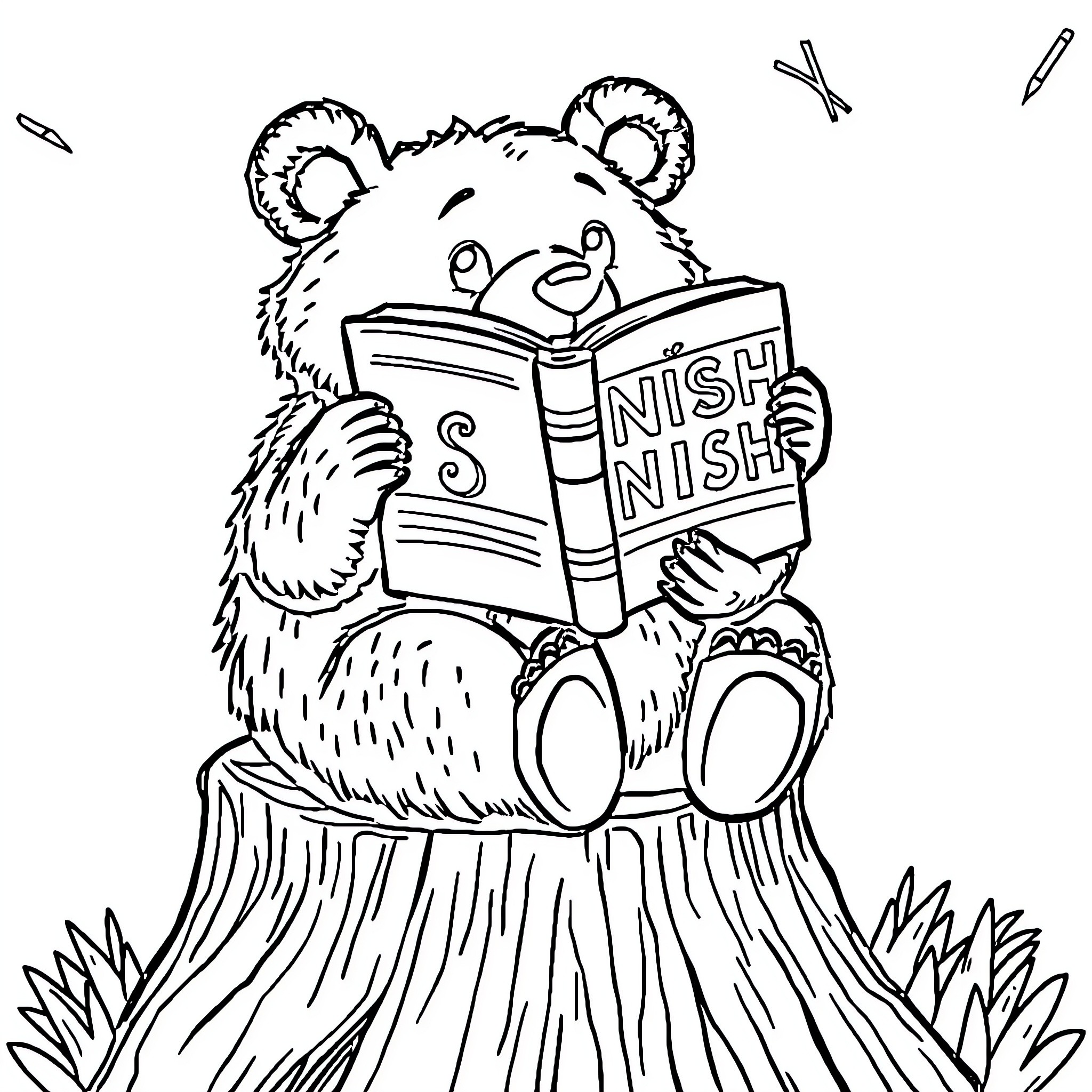 Bear reading a book in the forest Coloring Page (free black-and-white line drawing printable PDF for all, from beginners to advanced learners, including children, teens, adults, and seniors)