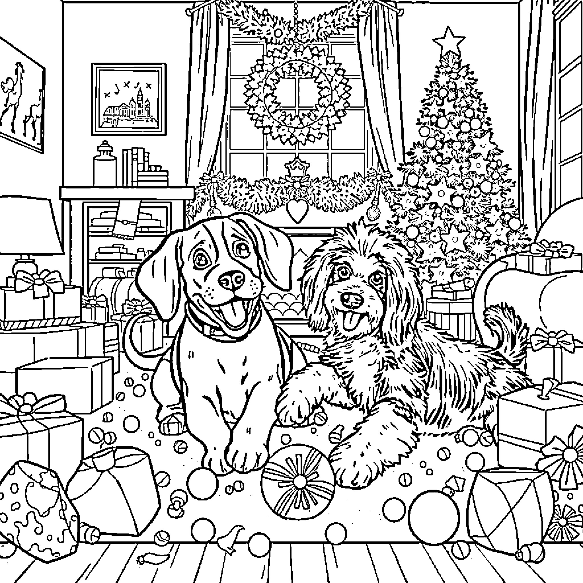 Dogs playing happily in a Christmas setting Coloring Page (free black-and-white line drawing printable PDF for all, from beginners to advanced learners, including children, teens, adults, and seniors)