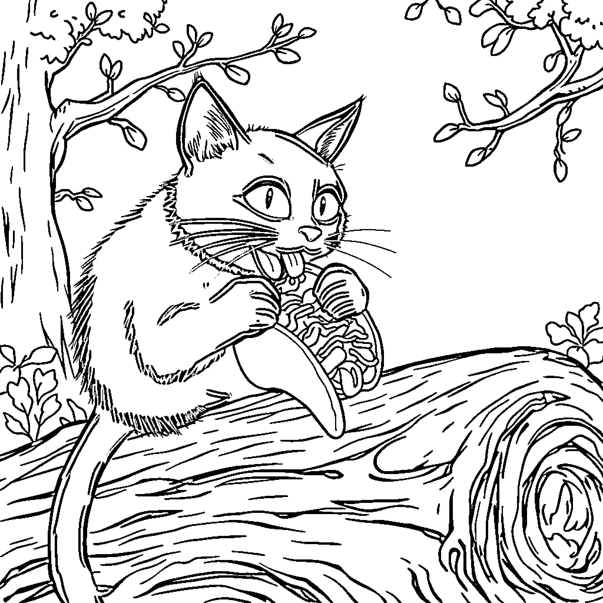 Cat resting on fallen tree in nature Coloring Page (free black-and-white line drawing printable PDF for all, from beginners to advanced learners, including children, teens, adults, and seniors)