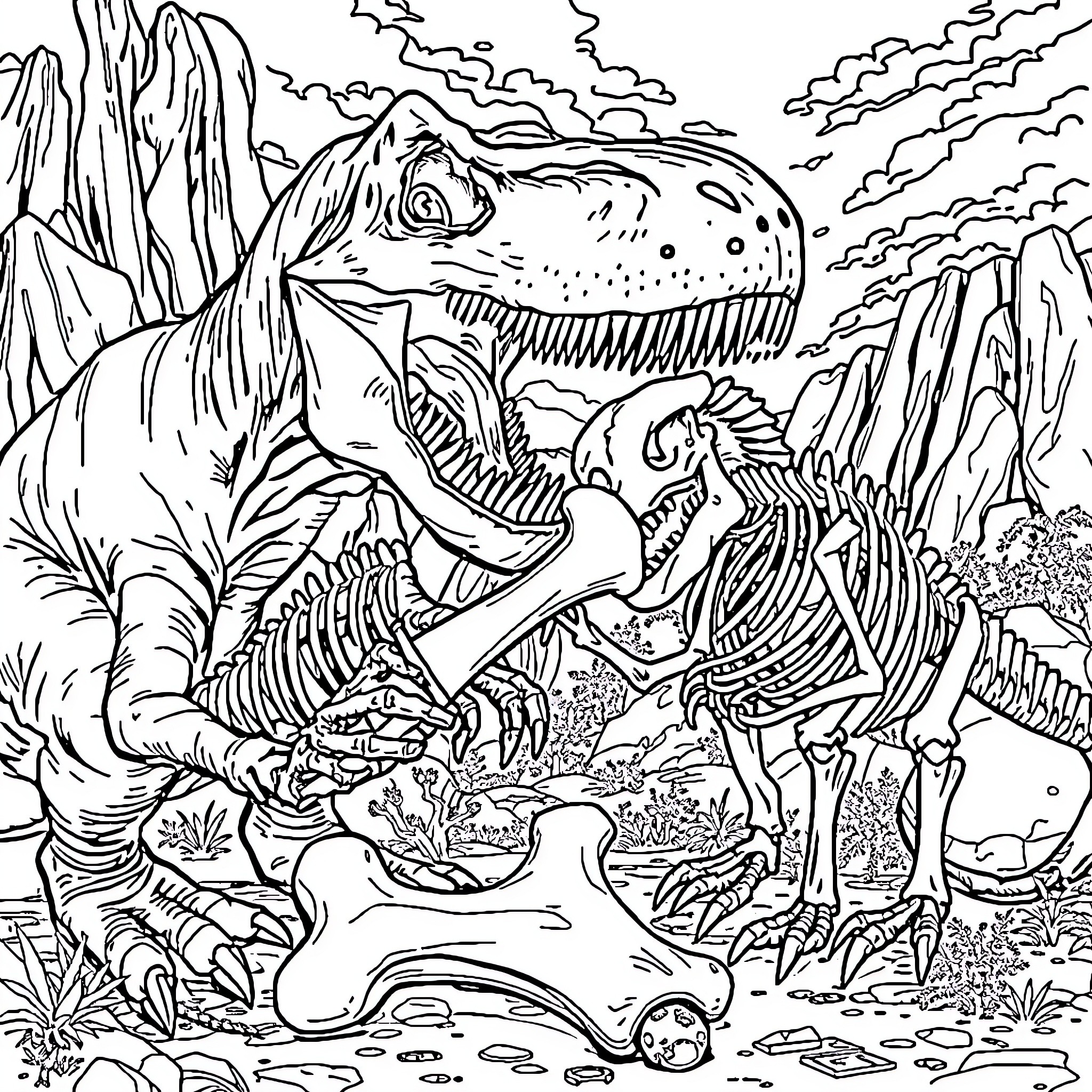 T-Rex exploring prehistoric landscape with fossils Coloring Page (free black-and-white line drawing printable PDF for all, from beginners to advanced learners, including children, teens, adults, and seniors)