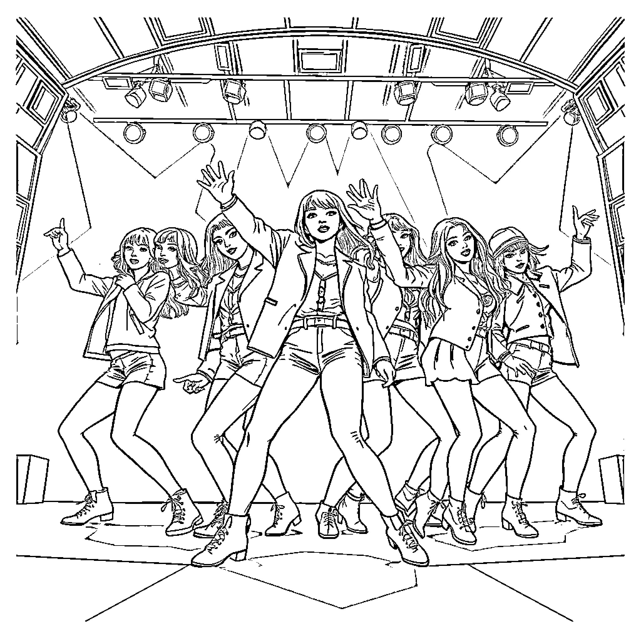Kpop idols performing on stage with energetic dance moves Coloring Page (free black-and-white line drawing printable PDF for all, from beginners to advanced learners, including children, teens, adults, and seniors)