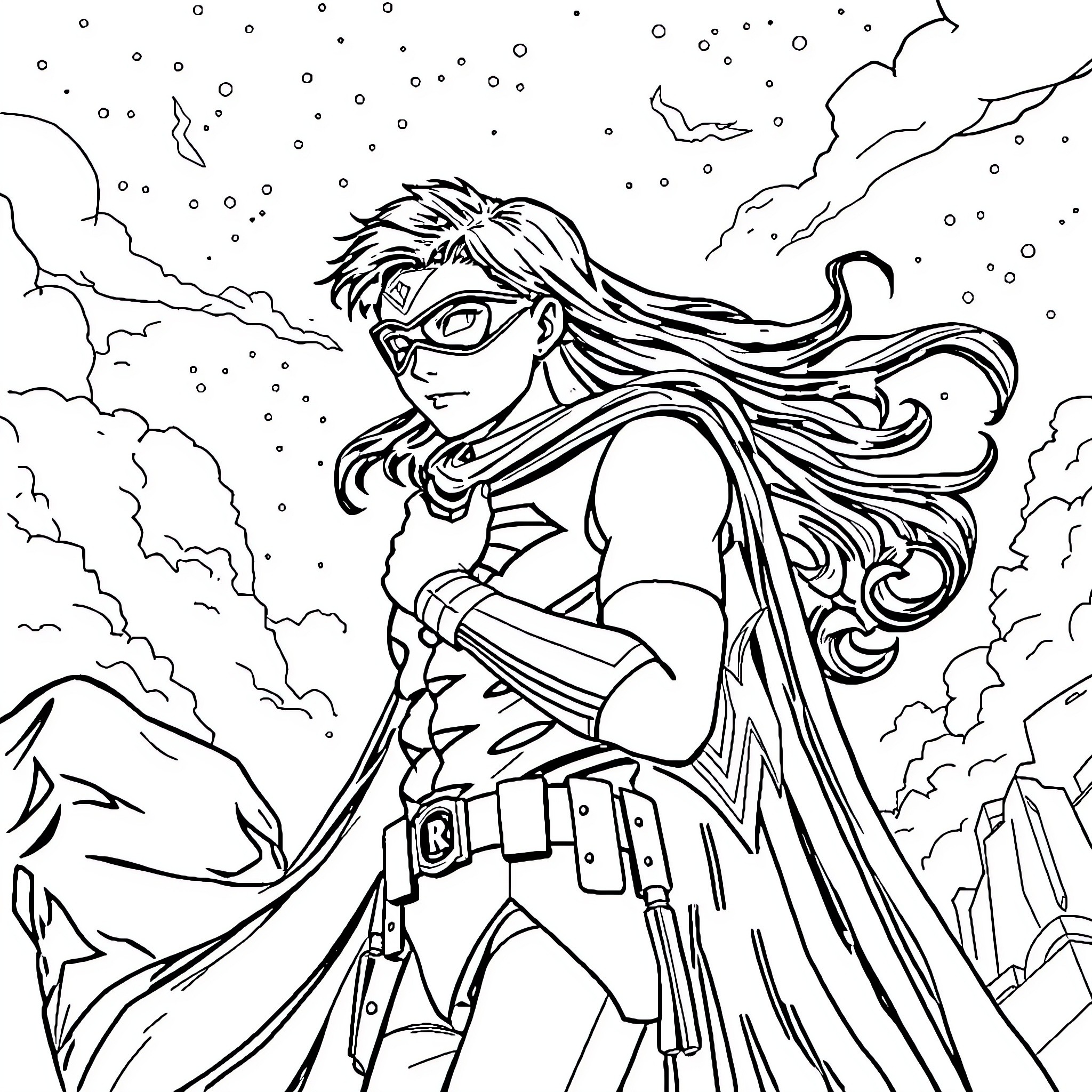 Robin in heroic pose against winter backdrop Coloring Page (free black-and-white line drawing printable PDF for all, from beginners to advanced learners, including children, teens, adults, and seniors)