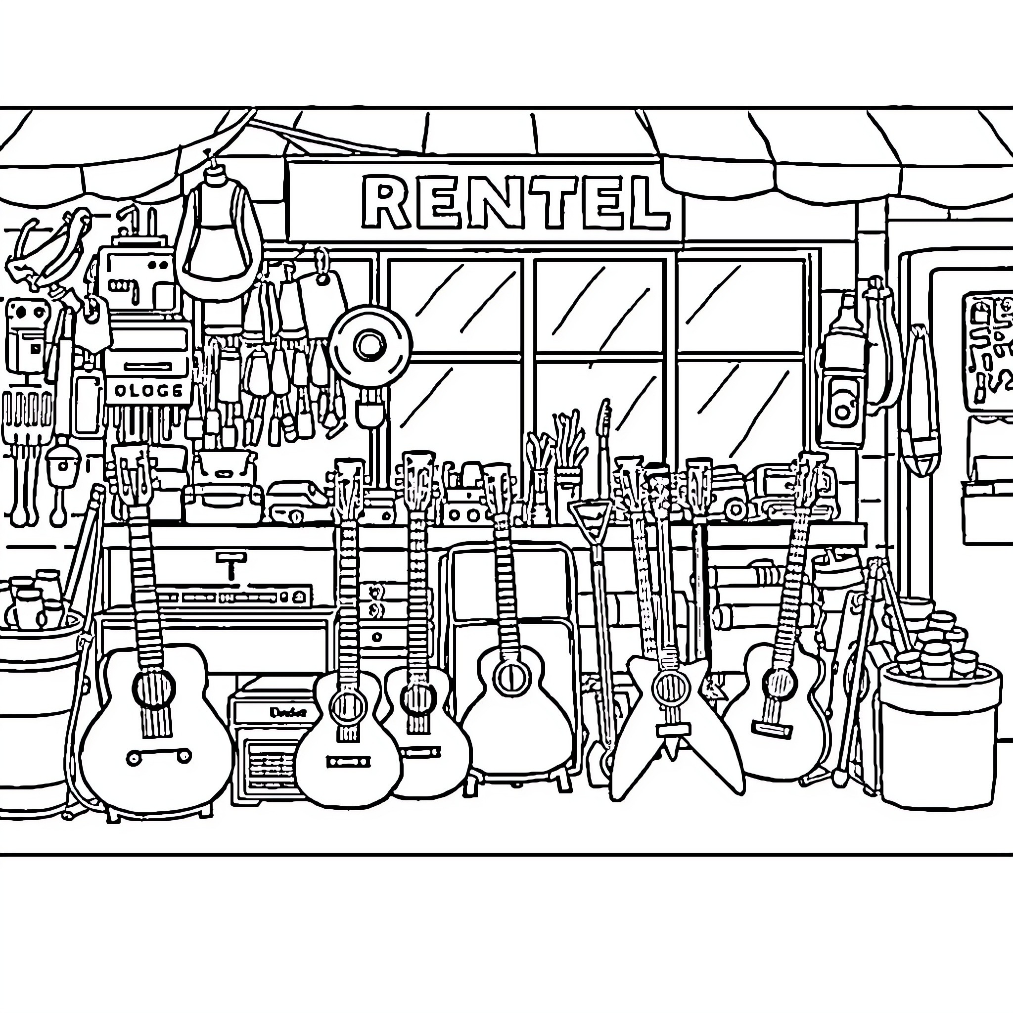 Rental Equipment Store with Musical Instruments and Tools Coloring Page (free black-and-white line drawing printable PDF for all, from beginners to advanced learners, including children, teens, adults, and seniors)