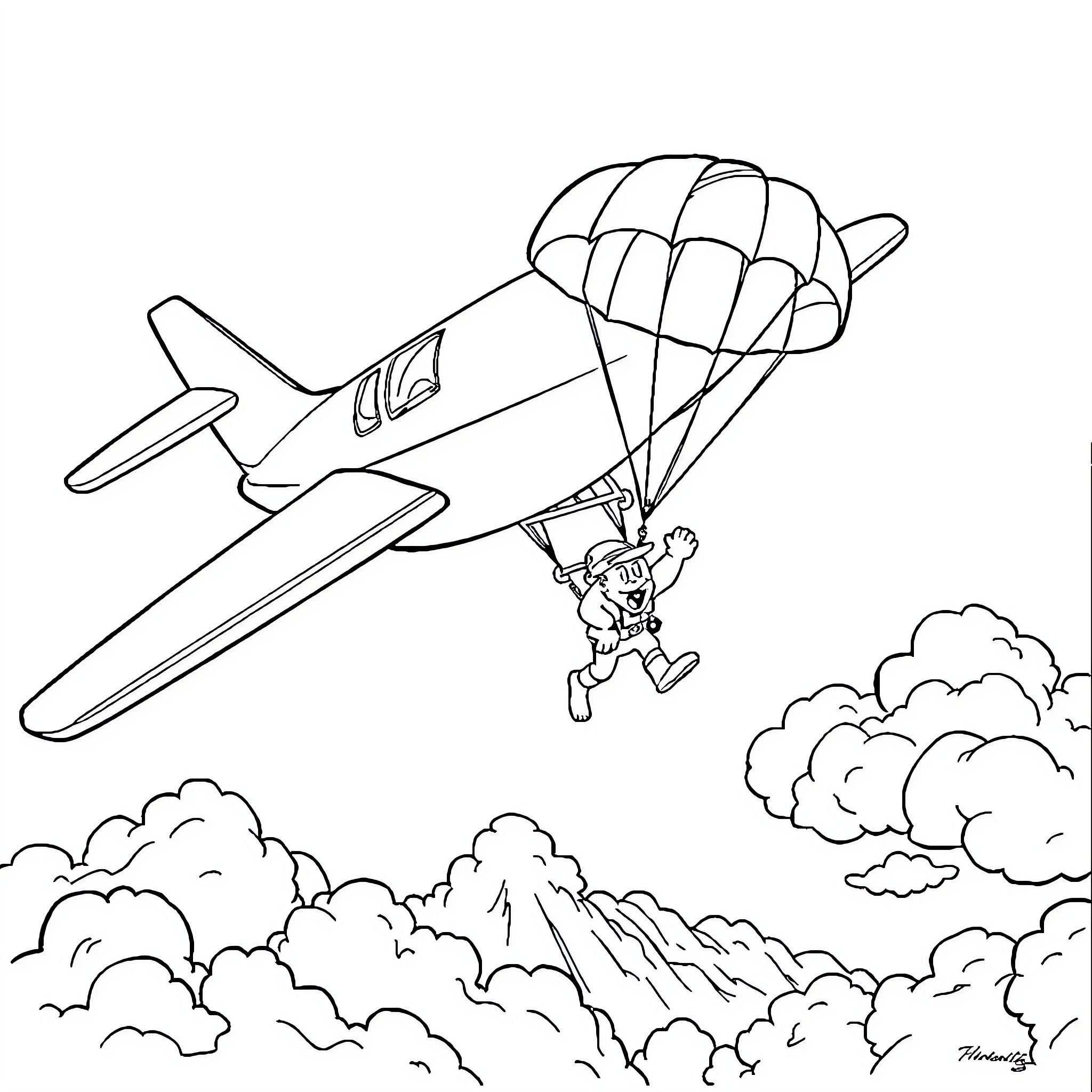 Plane with parachuting person in the sky Coloring Page (free black-and-white line drawing printable PDF for all, from beginners to advanced learners, including children, teens, adults, and seniors)