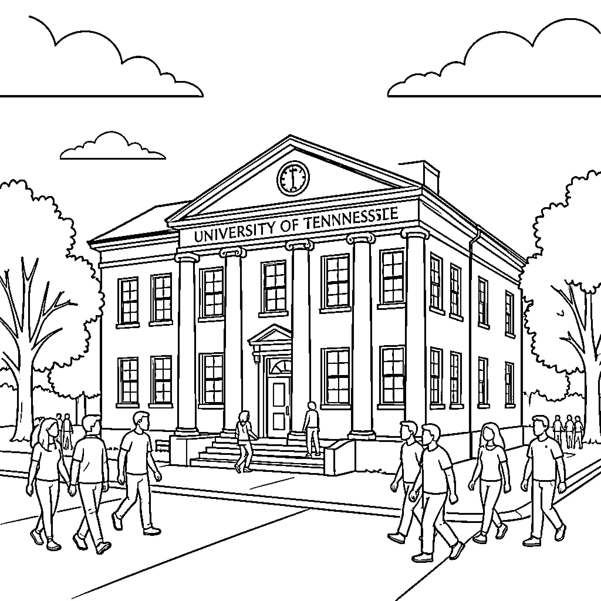 University students walking towards a large academic building Coloring Page (free black-and-white line drawing printable PDF for all, from beginners to advanced learners, including children, teens, adults, and seniors)