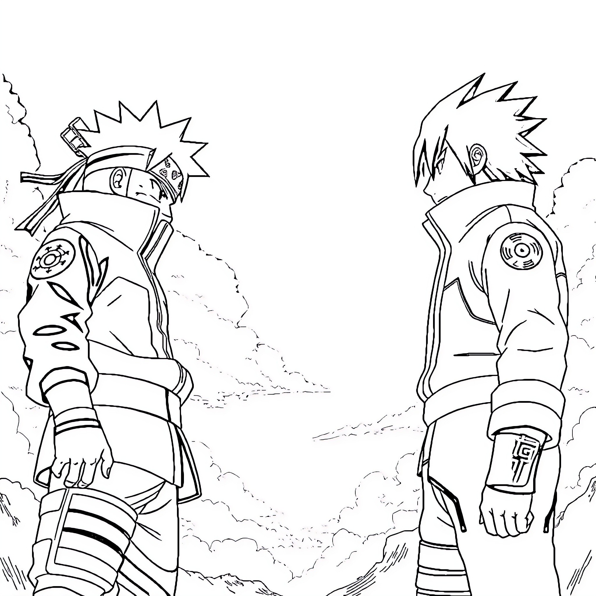 Naruto characters in action-packed scene Coloring Page (free black-and-white line drawing printable PDF for all, from beginners to advanced learners, including children, teens, adults, and seniors)