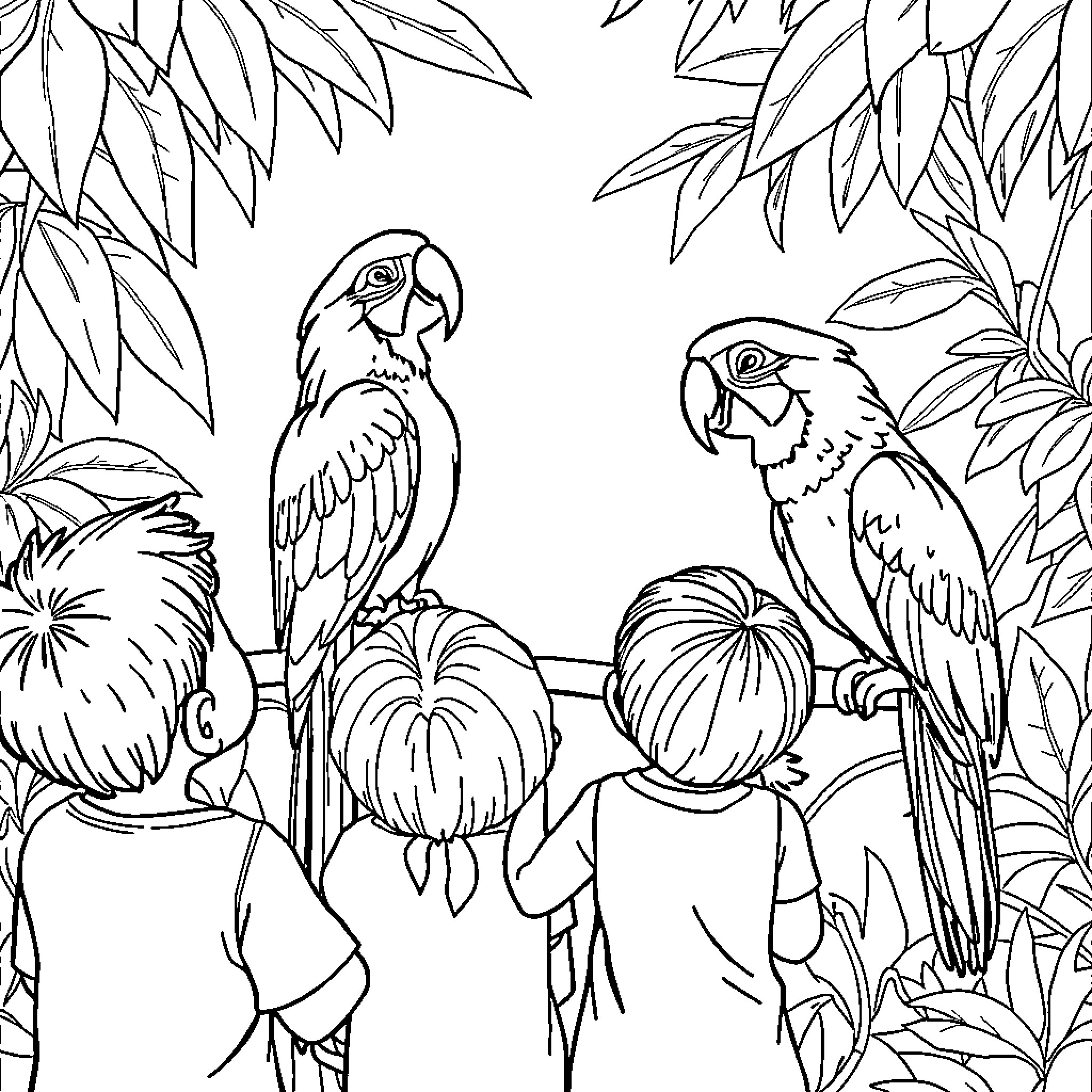 Macaw in the Tropical Foliage Coloring Page (free black-and-white line drawing printable PDF for all, from beginners to advanced learners, including children, teens, adults, and seniors)