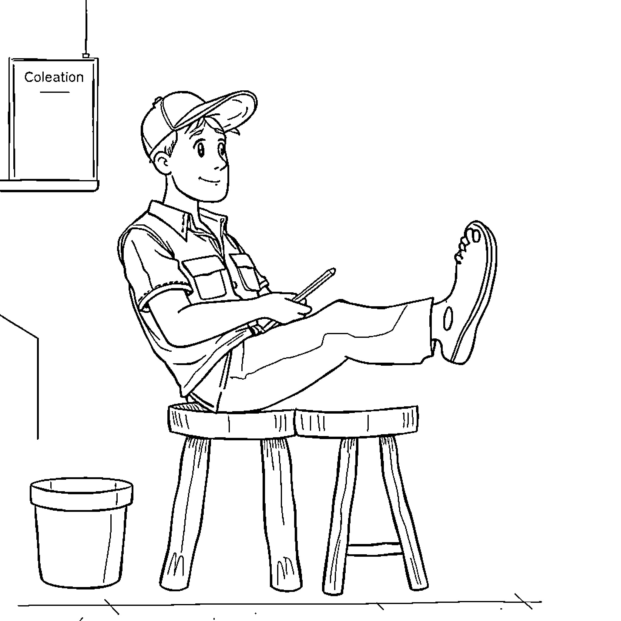 Mail Carrier Resting on the Job Coloring Page (free black-and-white line drawing printable PDF for all, from beginners to advanced learners, including children, teens, adults, and seniors)