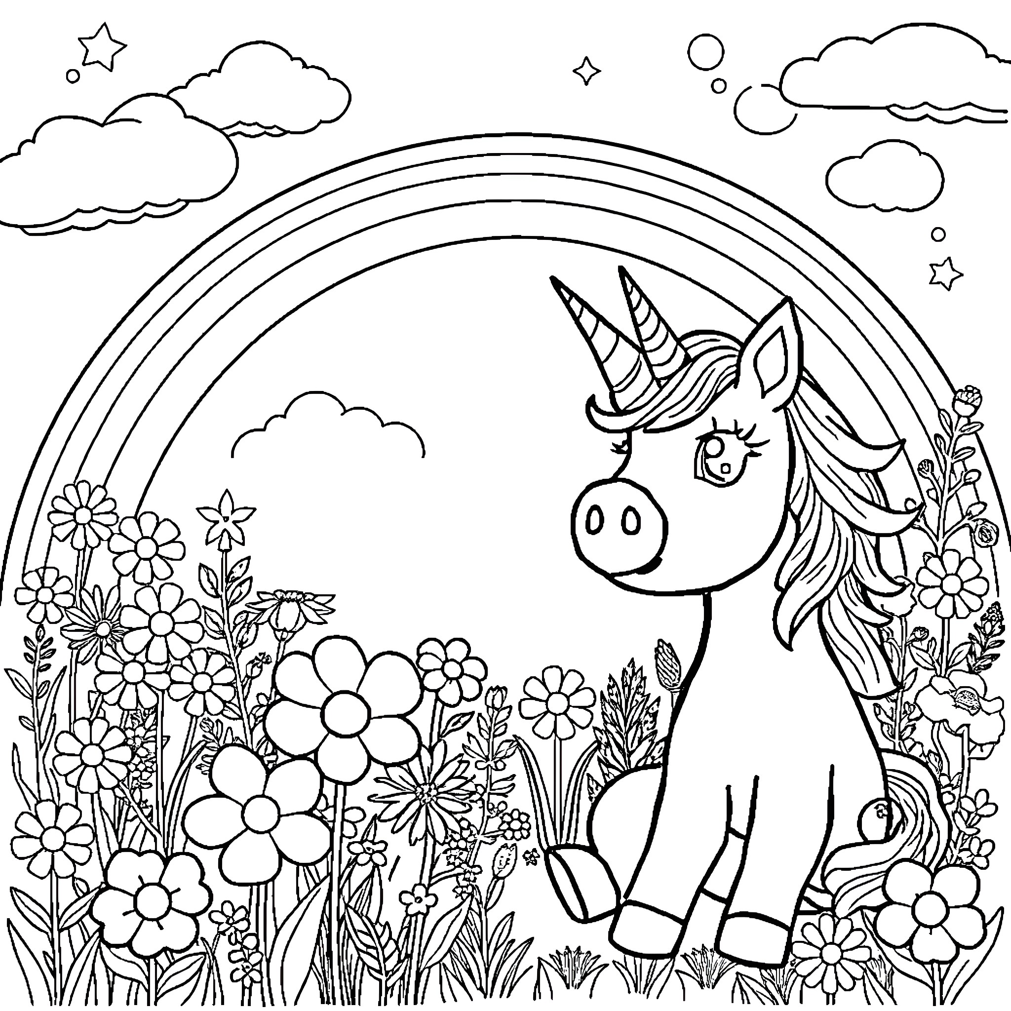 Pig in a Magical Flower Garden Coloring Page (free black-and-white line drawing printable PDF for all, from beginners to advanced learners, including children, teens, adults, and seniors)