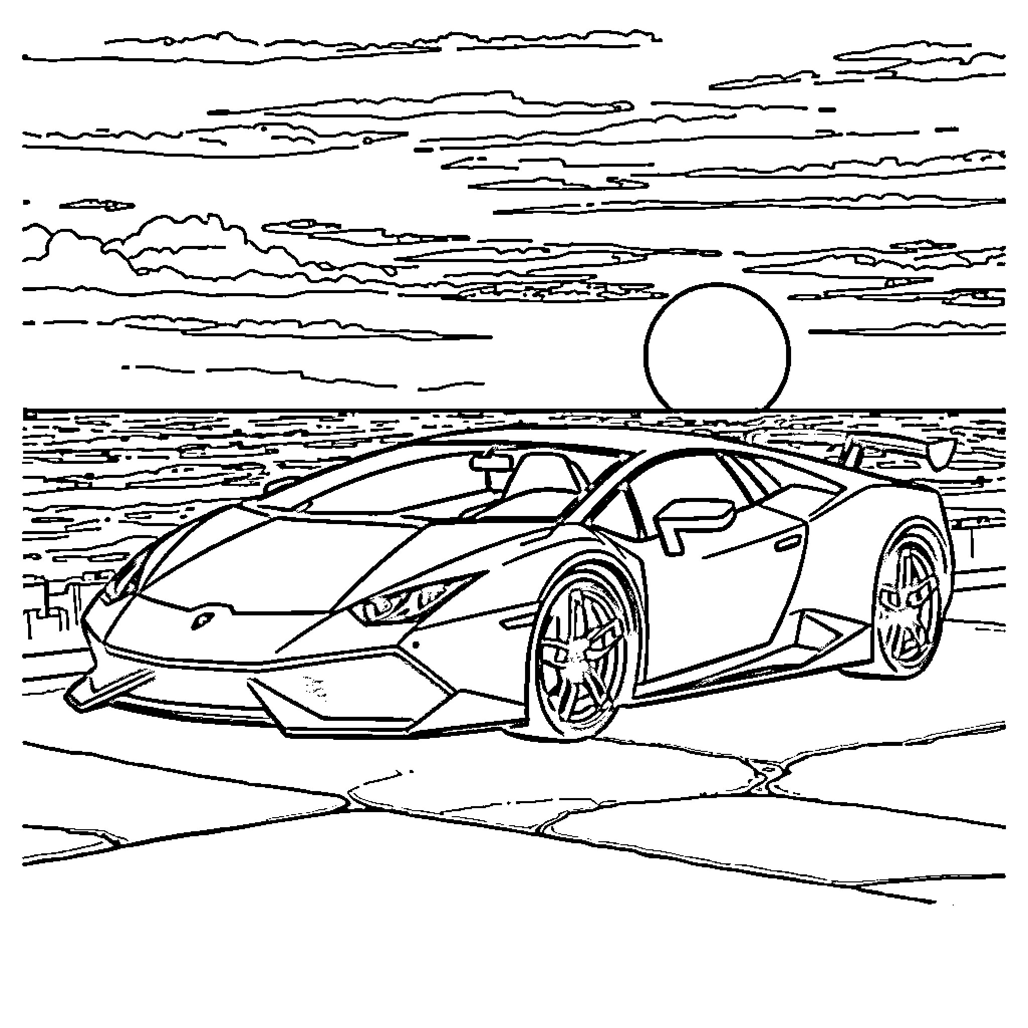 Lamborghini parked by the ocean during sunset Coloring Page (free black-and-white line drawing printable PDF for all, from beginners to advanced learners, including children, teens, adults, and seniors)