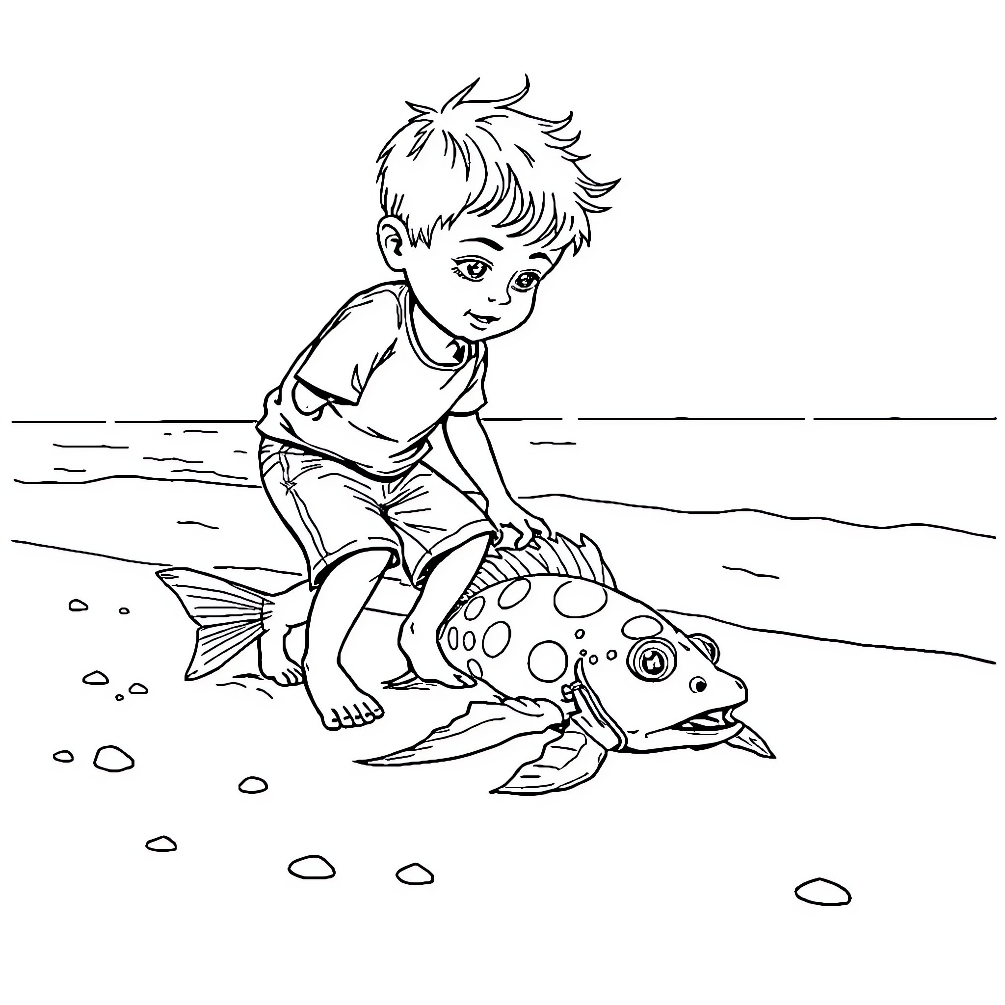Boy playing with fish on the shore Coloring Page (free black-and-white line drawing printable PDF for all, from beginners to advanced learners, including children, teens, adults, and seniors)