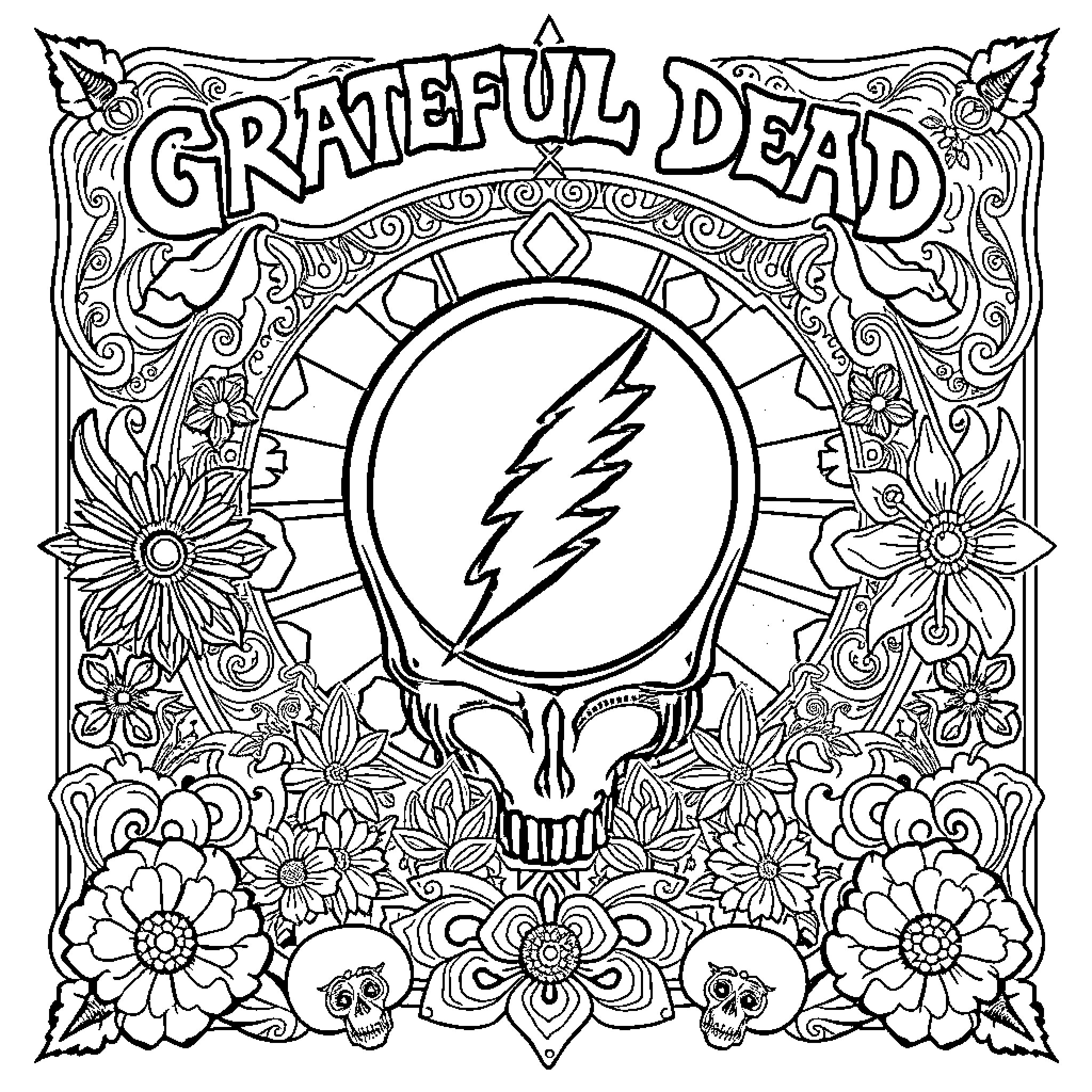 Grateful Dead Skull and Floral Artwork Coloring Page (free black-and-white line drawing printable PDF for all, from beginners to advanced learners, including children, teens, adults, and seniors)