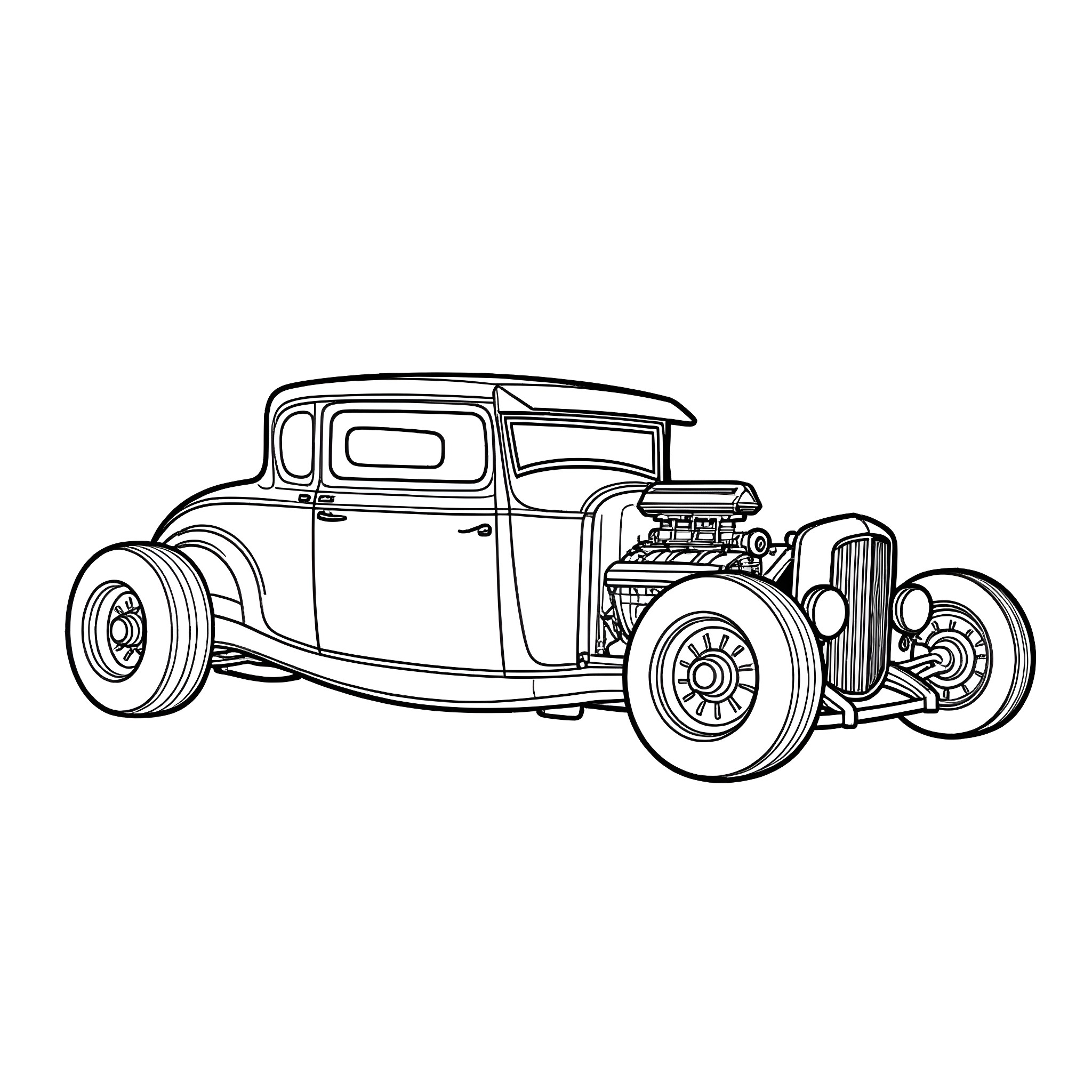 Ratrod hot rod car with custom details Coloring Page (free black-and-white line drawing printable PDF for all, from beginners to advanced learners, including children, teens, adults, and seniors)