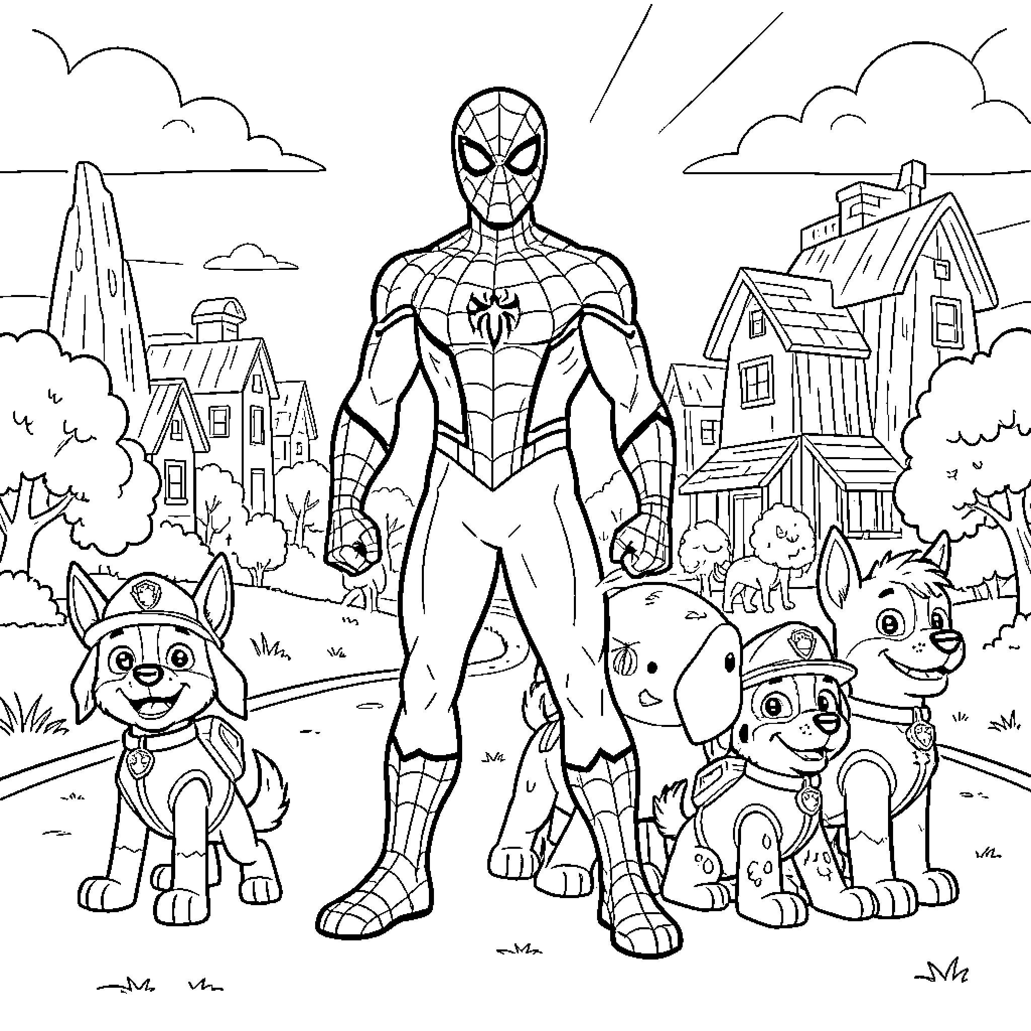 Spiderman defends the city with his canine companions Coloring Page (free black-and-white line drawing printable PDF for all, from beginners to advanced learners, including children, teens, adults, and seniors)