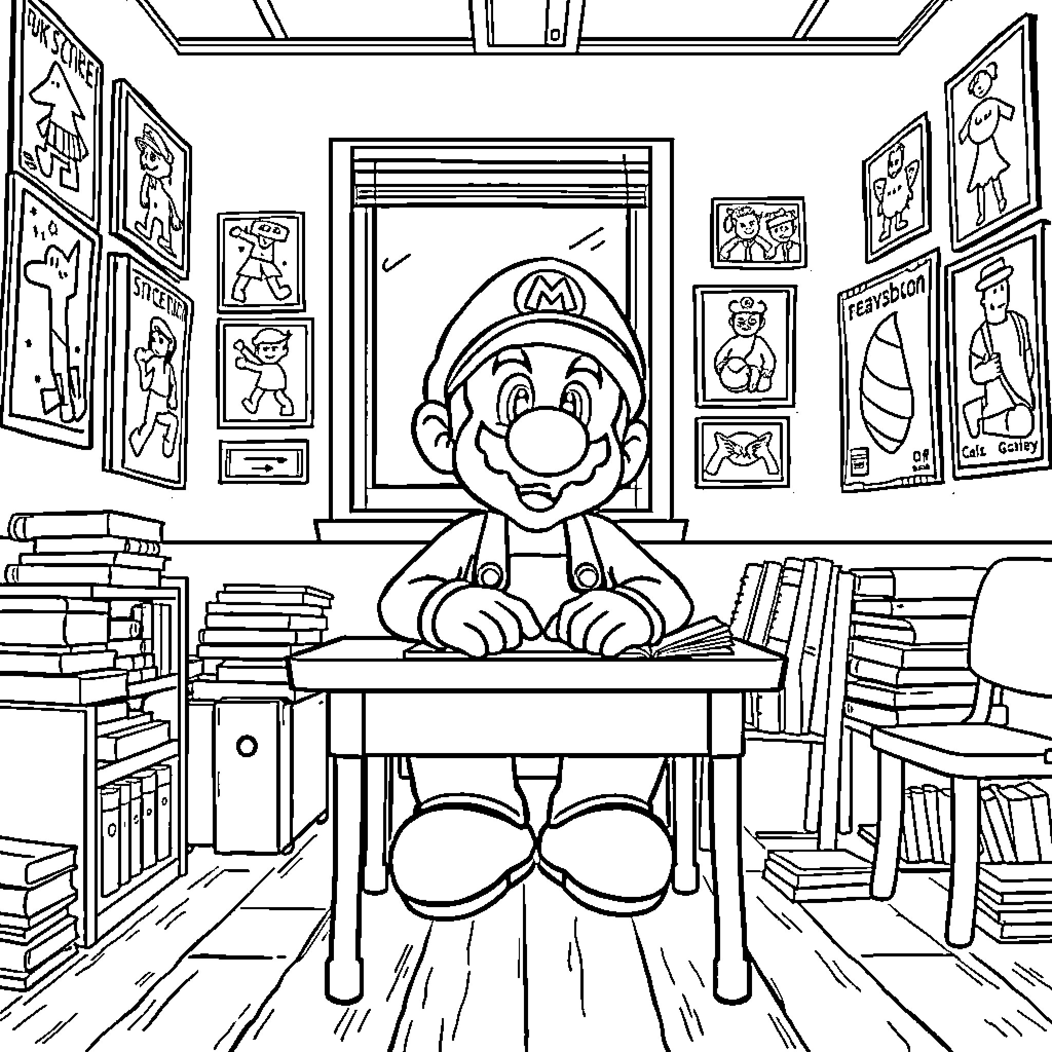 Mario explores a cozy library filled with books and artwork Coloring Page (free black-and-white line drawing printable PDF for all, from beginners to advanced learners, including children, teens, adults, and seniors)