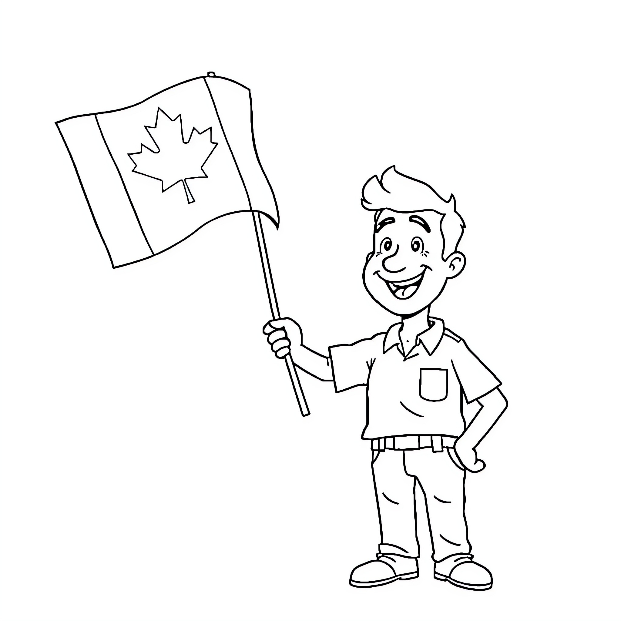 Canada Flag held by a smiling boy Coloring Page (free black-and-white line drawing printable PDF for all, from beginners to advanced learners, including children, teens, adults, and seniors)