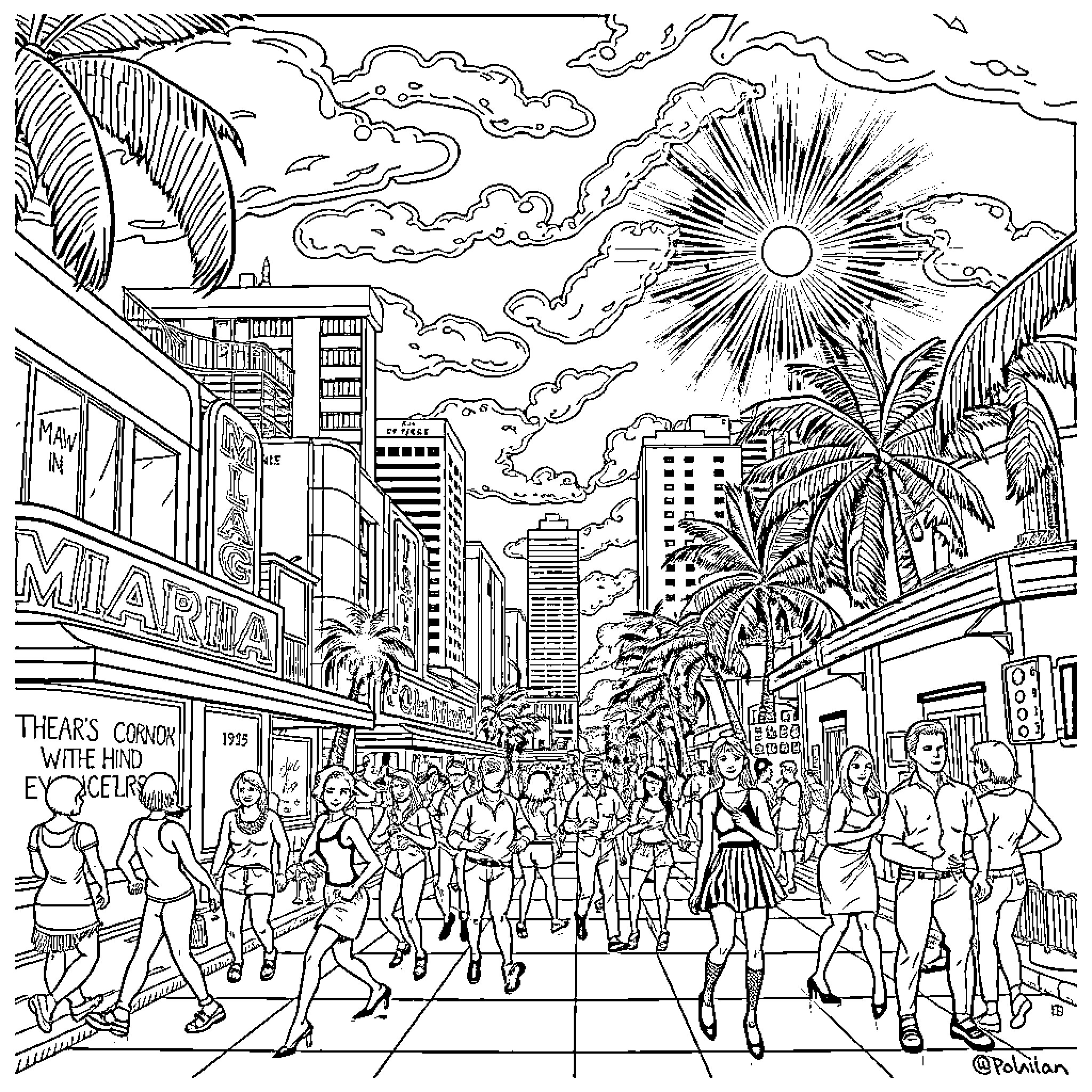 Miami Street Scene with People and Lively Atmosphere Coloring Page (free black-and-white line drawing printable PDF for all, from beginners to advanced learners, including children, teens, adults, and seniors)