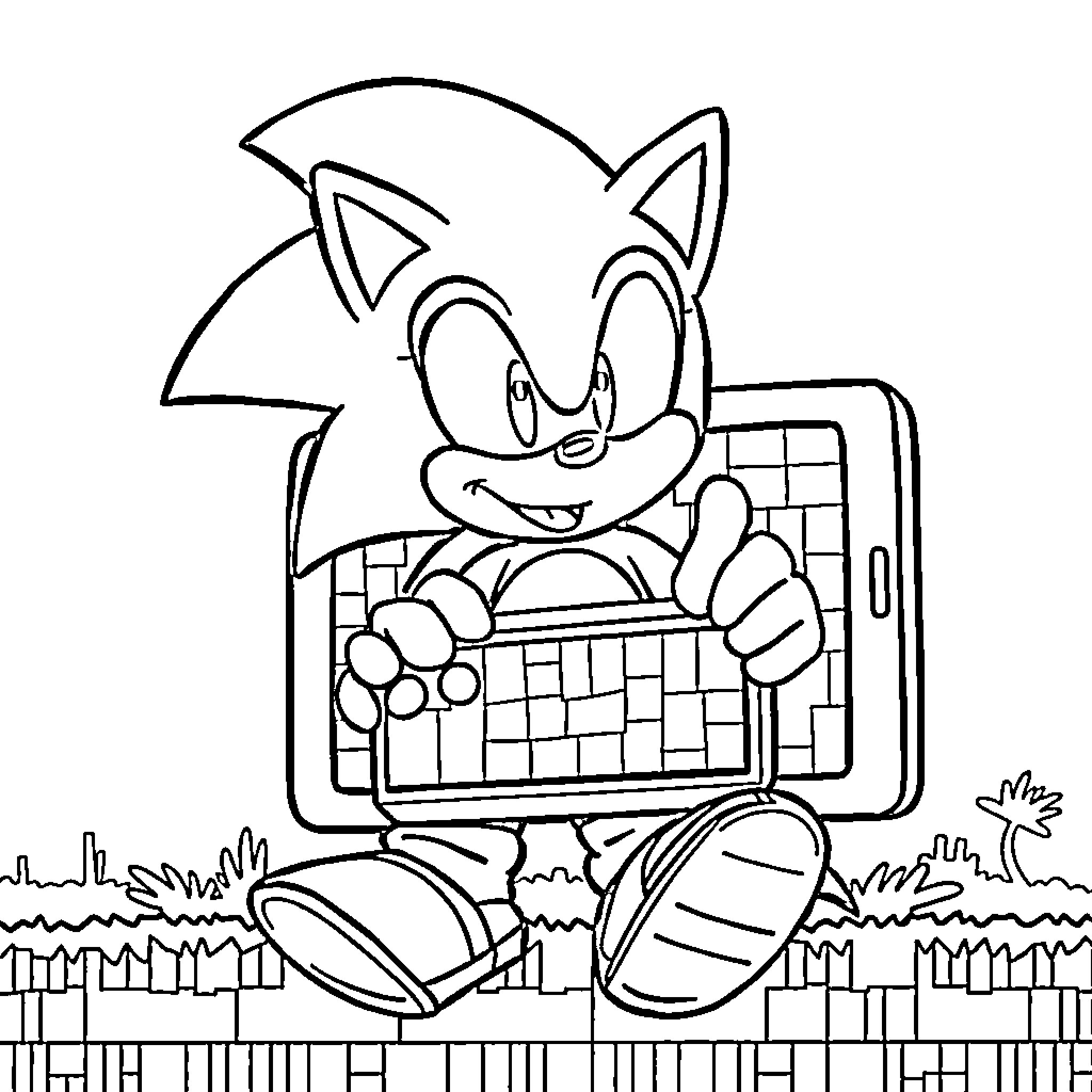 Sonic character emerging from a smartphone Coloring Page (free black-and-white line drawing printable PDF for all, from beginners to advanced learners, including children, teens, adults, and seniors)