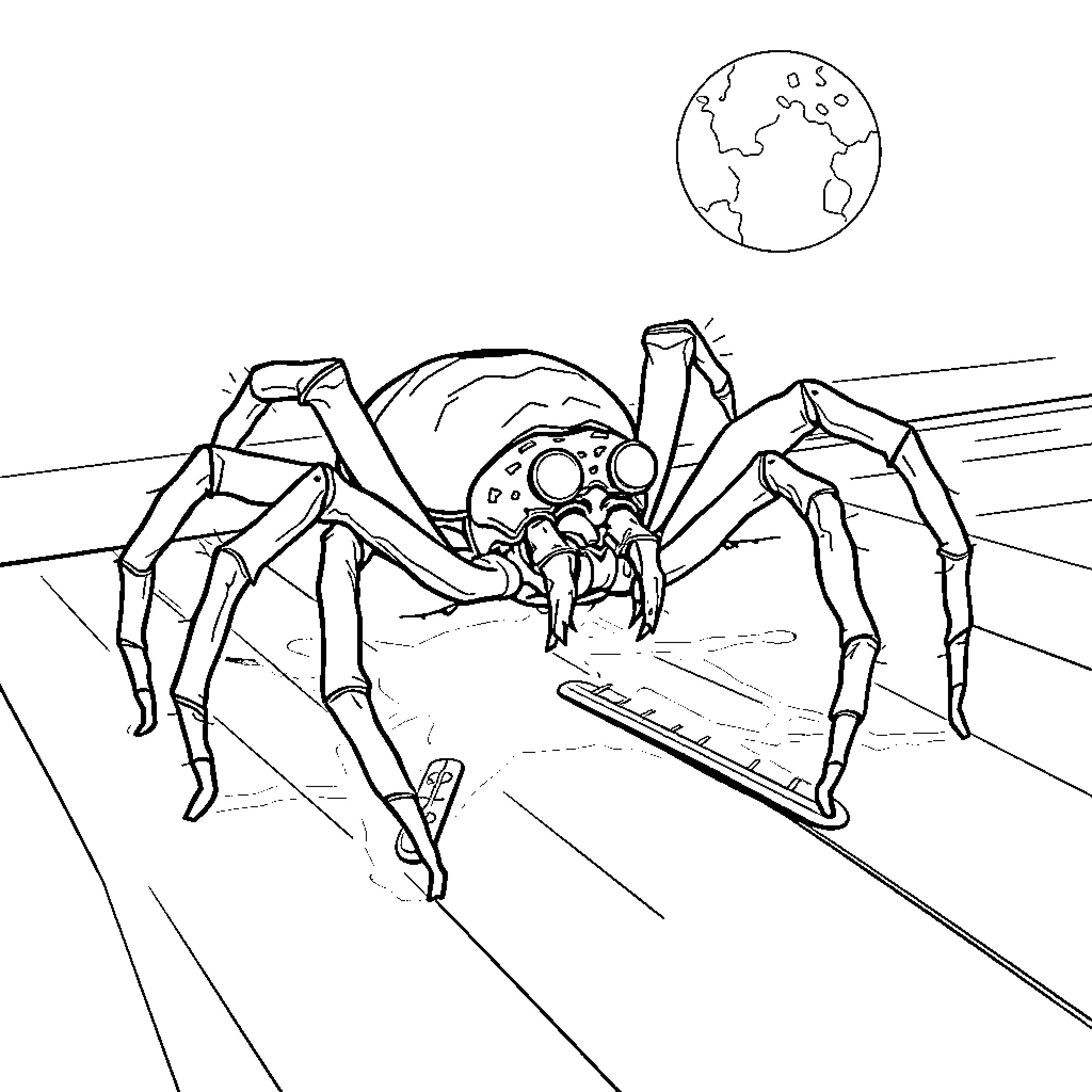 Spider-like creature crawling on a surface Coloring Page (free black-and-white line drawing printable PDF for all, from beginners to advanced learners, including children, teens, adults, and seniors)