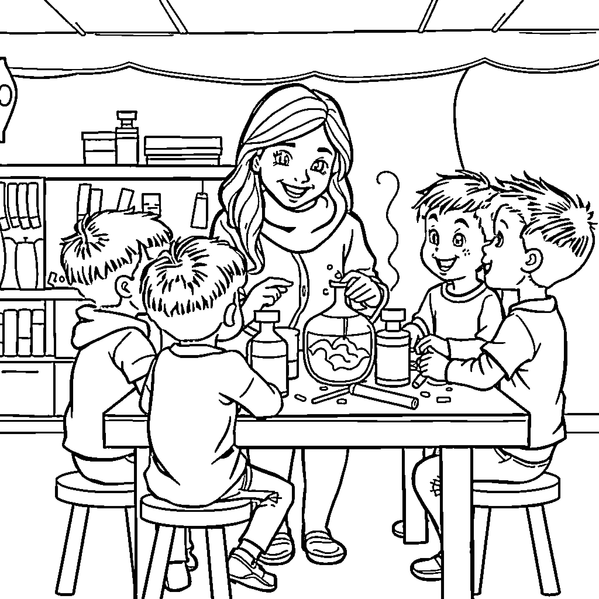 Mommy Helping Kids with Arts and Crafts Coloring Page (free black-and-white line drawing printable PDF for all, from beginners to advanced learners, including children, teens, adults, and seniors)