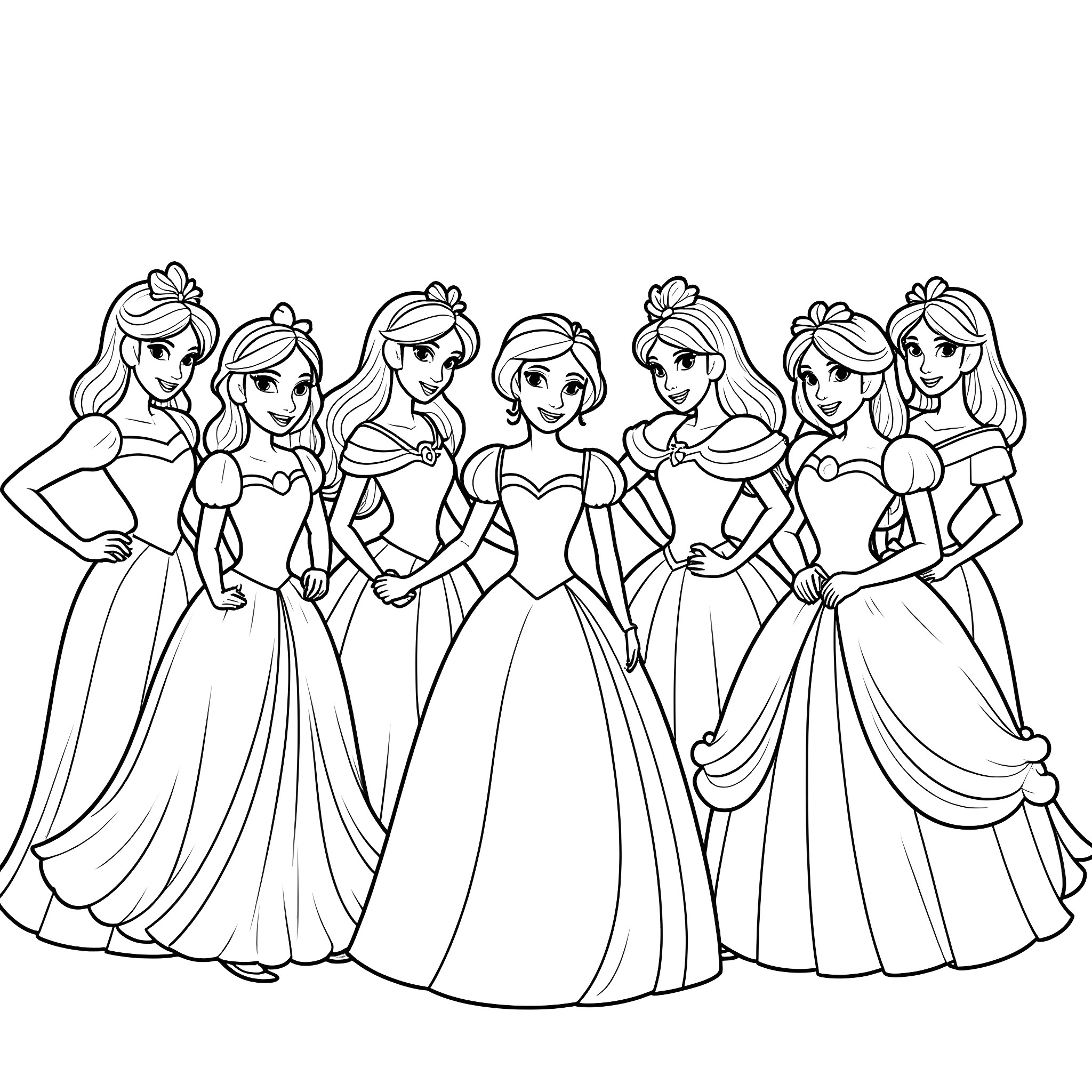 Disney Princesses in Elegant Ball Gowns Coloring Page (free black-and-white line drawing printable PDF for all, from beginners to advanced learners, including children, teens, adults, and seniors)