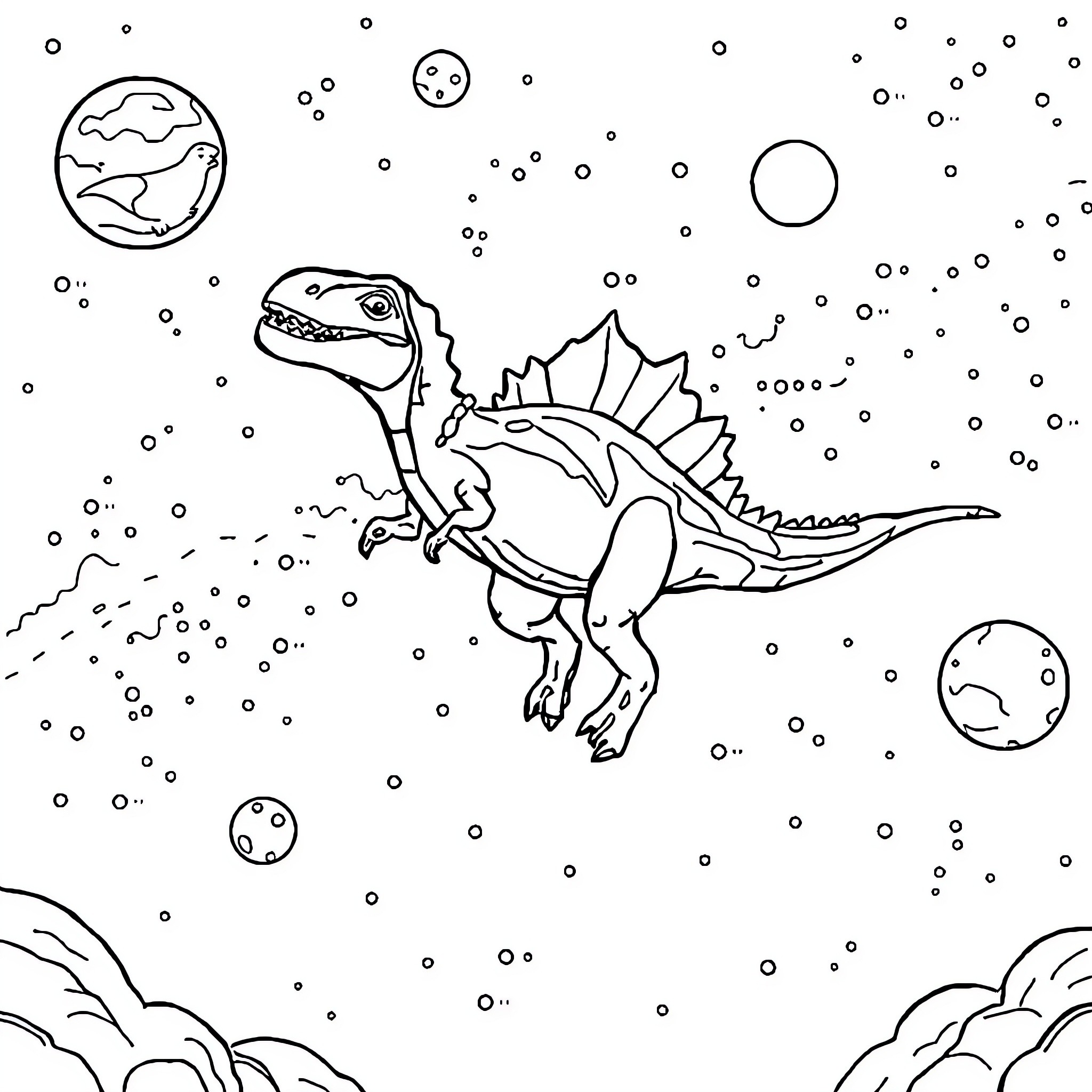 Dinosaur exploring the cosmic universe Coloring Page (free black-and-white line drawing printable PDF for all, from beginners to advanced learners, including children, teens, adults, and seniors)